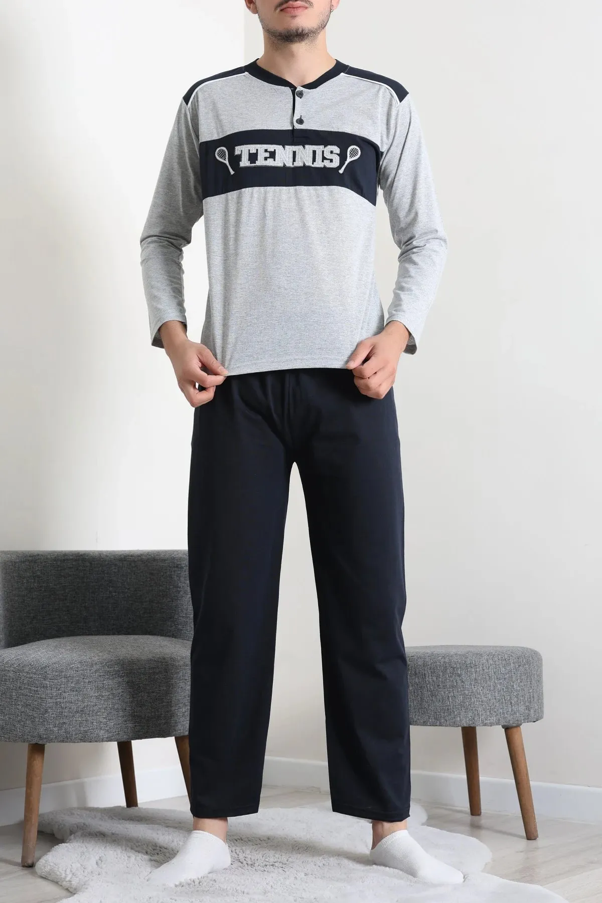 Süprem Patlı Garnili Erkek Pijama Takımı Gri