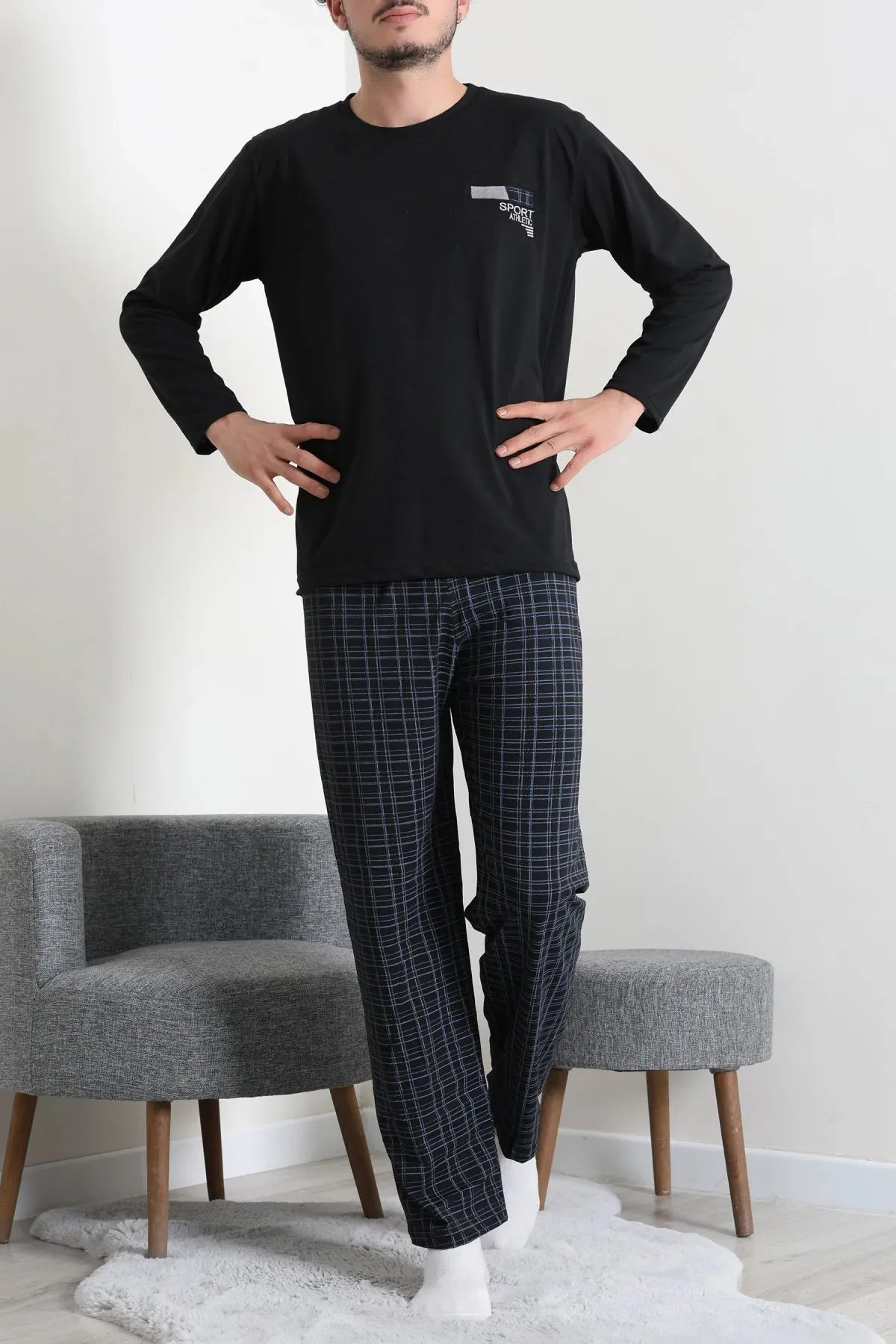 Süprem Ekose Erkek Pijama Takımı Siyah