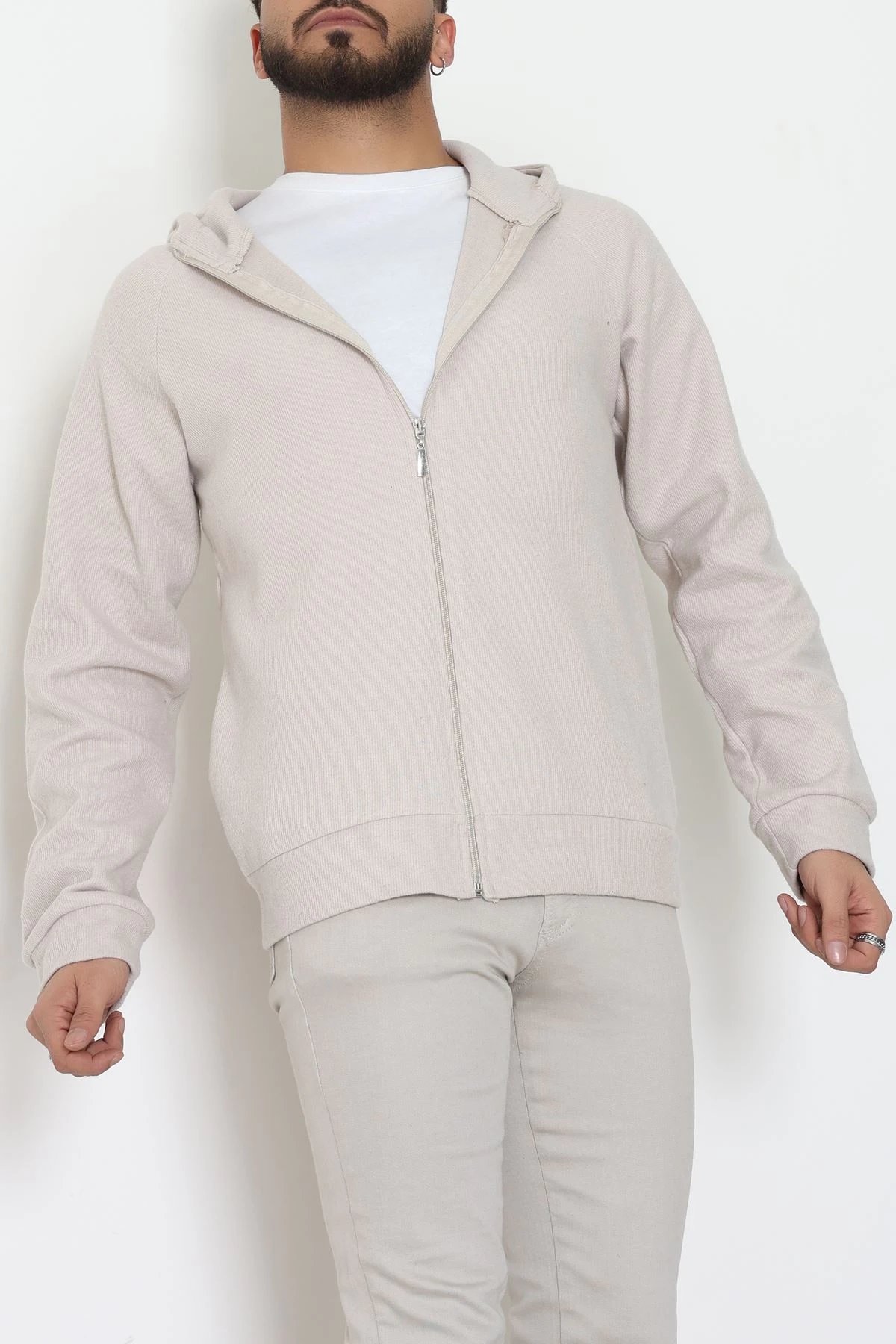 Selanik Kumaş Kapşonlu Erkek Sweat Taş