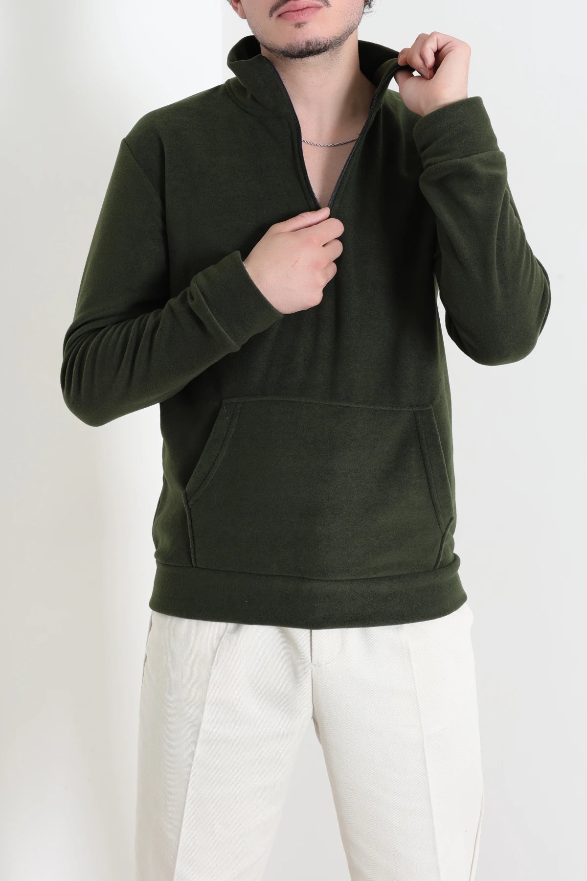 Yarım Fermuar Kanguru Cepli Erkek Polar Sweat Haki