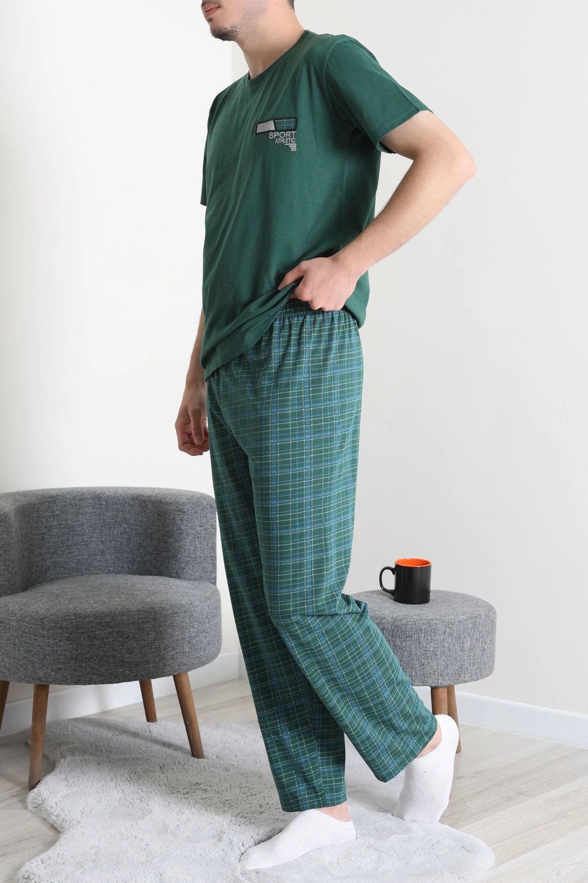 Kısa Kollu Erkek Pijama Takımı Koyuyeşil