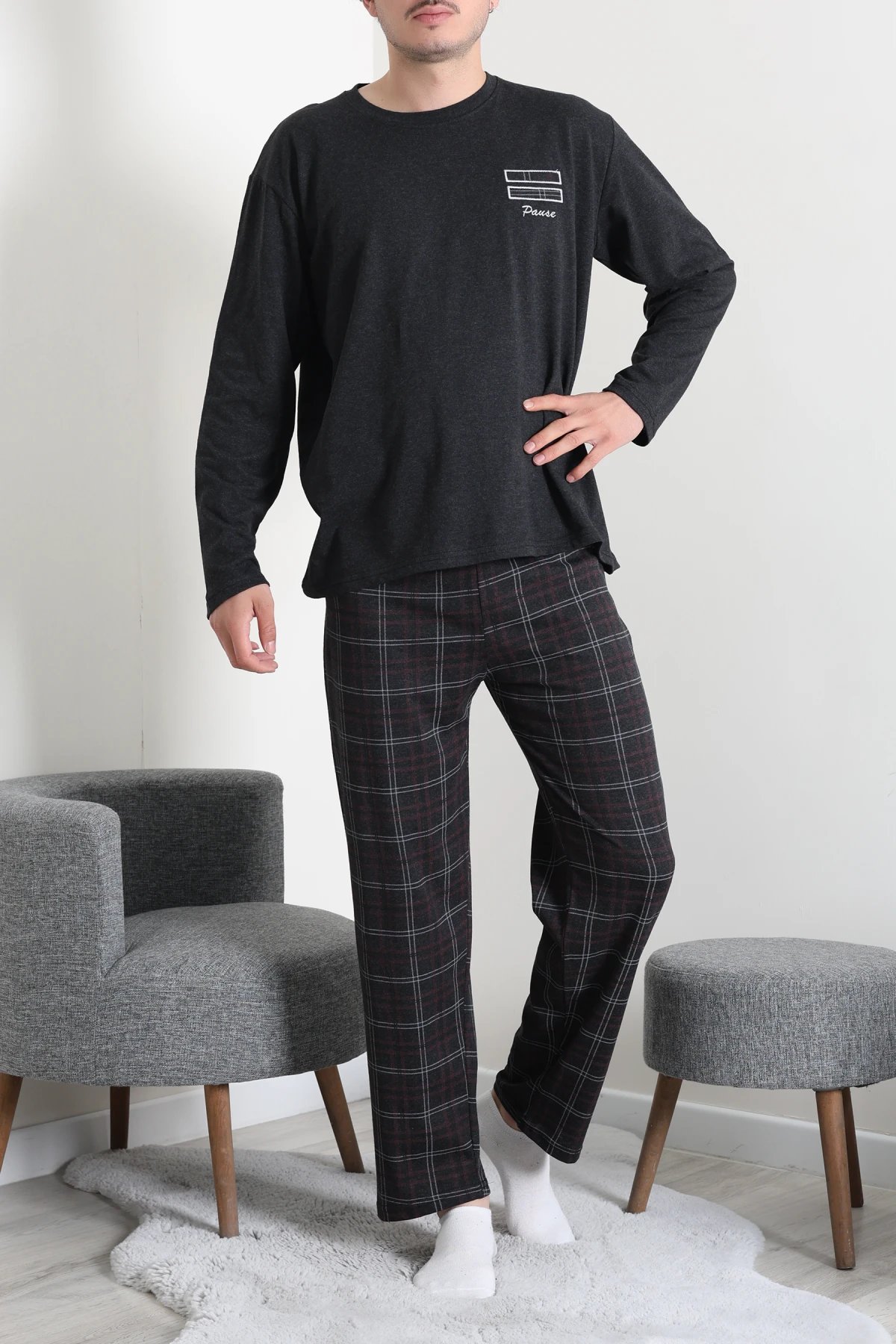 Süprem Ekose Bisiklet Yak Uzun Kol Cepli Erkek Pijama Takımı Siyah