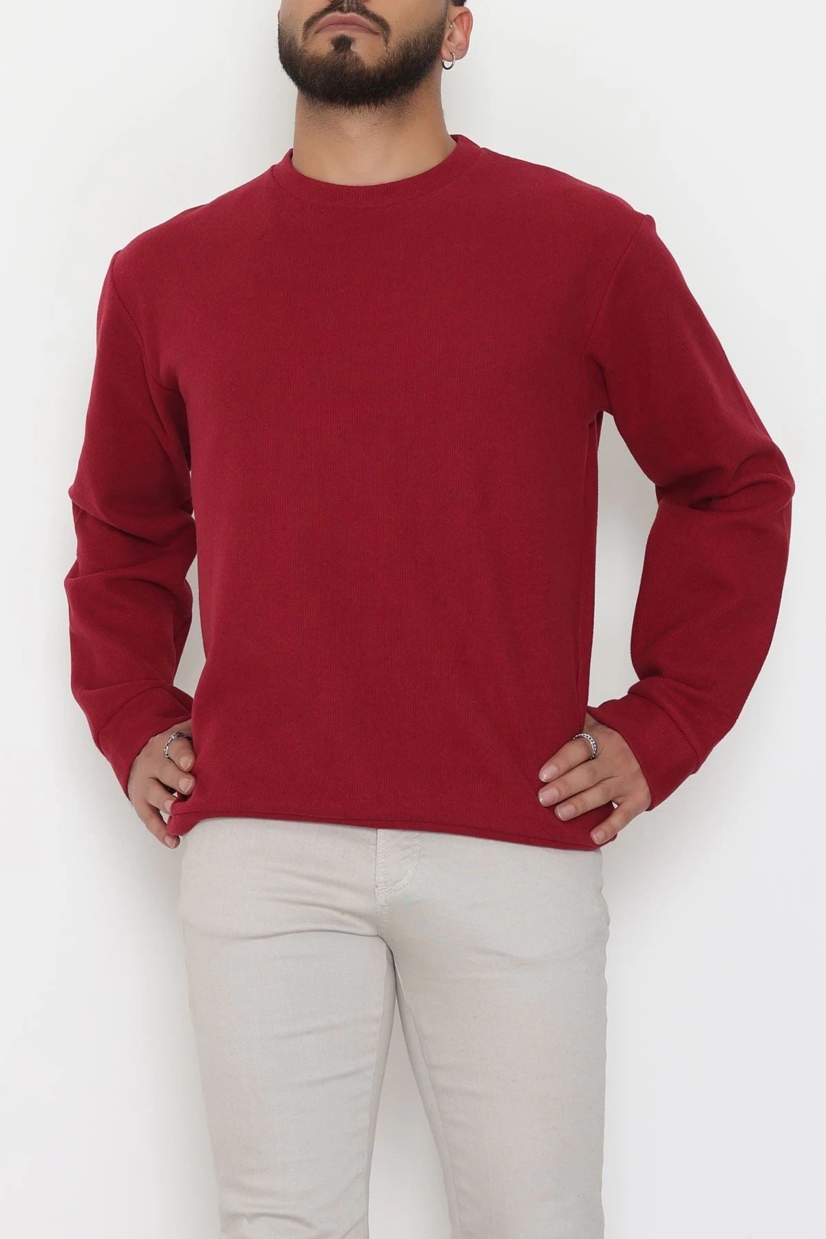 Bisiklet Yaka Selanik Kumaş Erkek Sweat Bordo