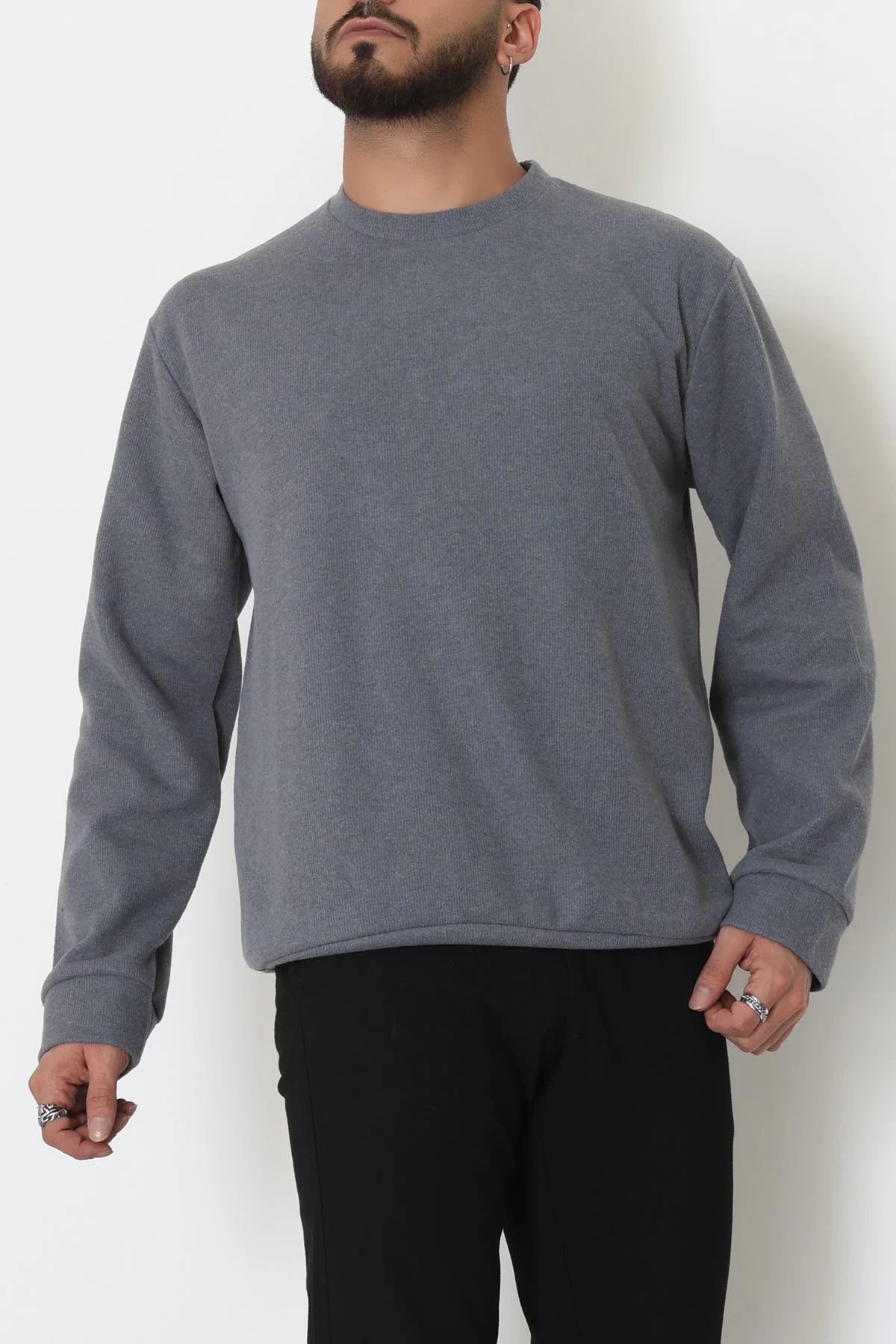 Bisiklet Yaka Selanik Kumaş Erkek Sweat Füme