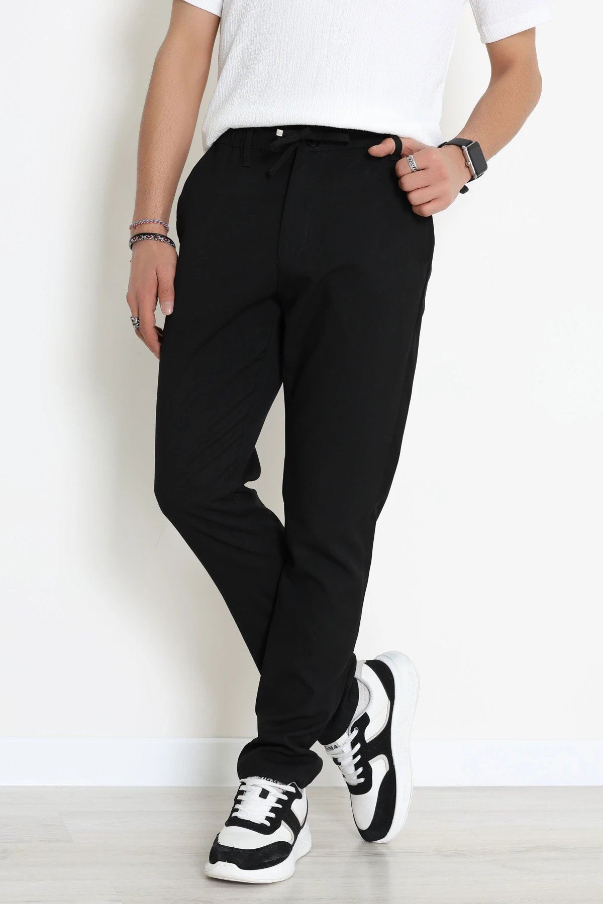 Dokuma Beli Lastikli Erkek Jogger Pantolon  Siyah