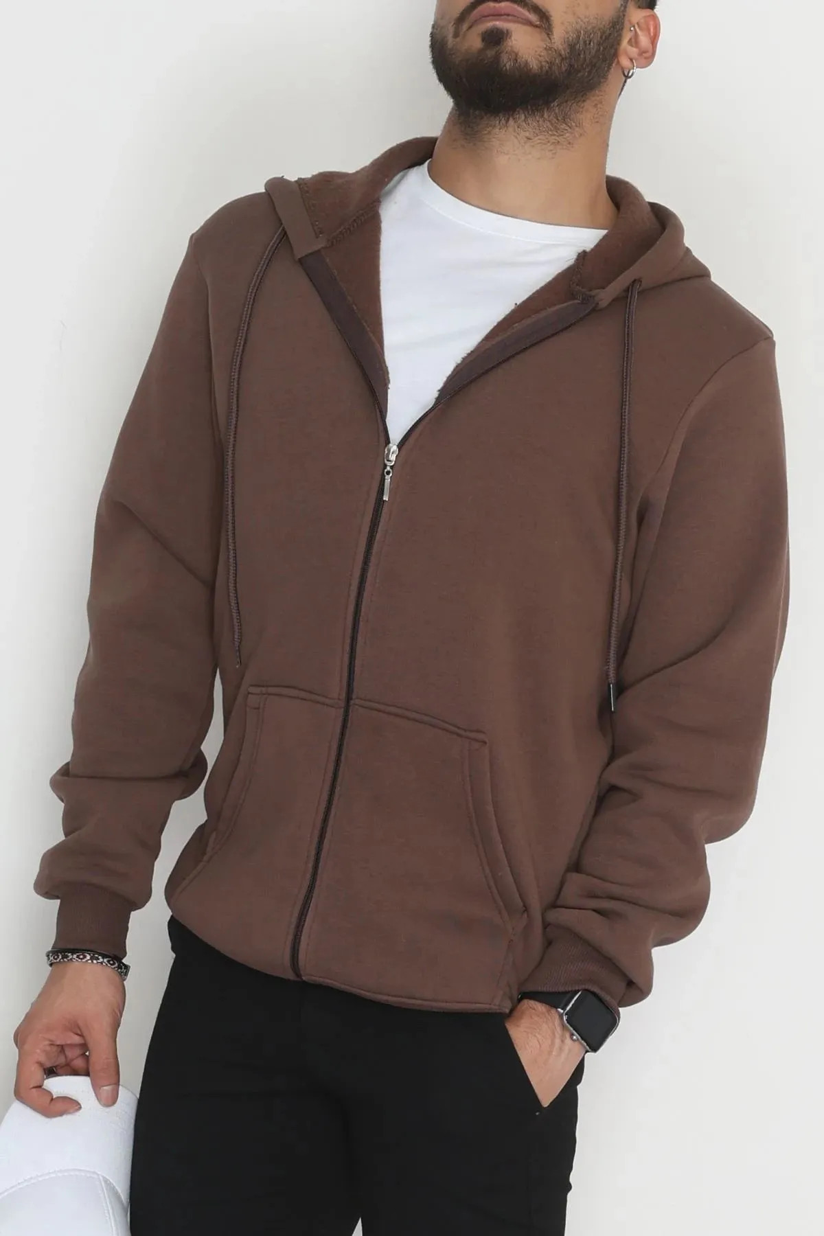 Kapşonlu Fermuarlı 3 İplik Erkek Sweat Kahve