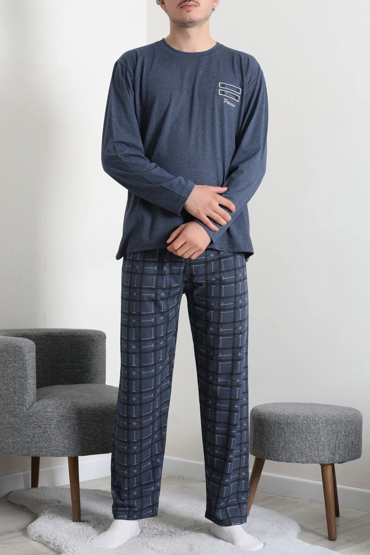 Süprem Ekose Bisiklet Yak Uzun Kol Cepli Erkek Pijama Takımı Koyumavi