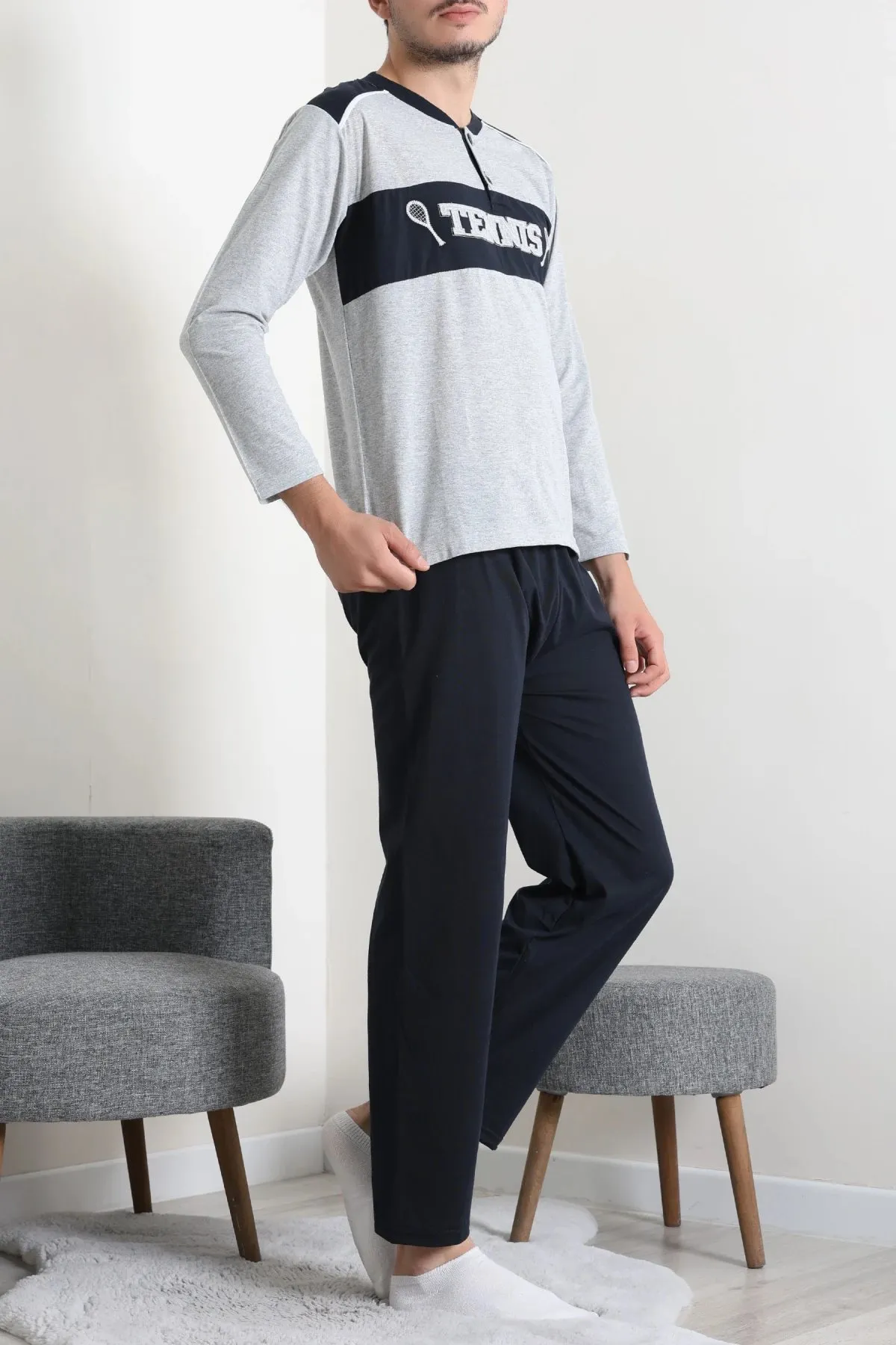 Süprem Patlı Garnili Erkek Pijama Takımı Gri