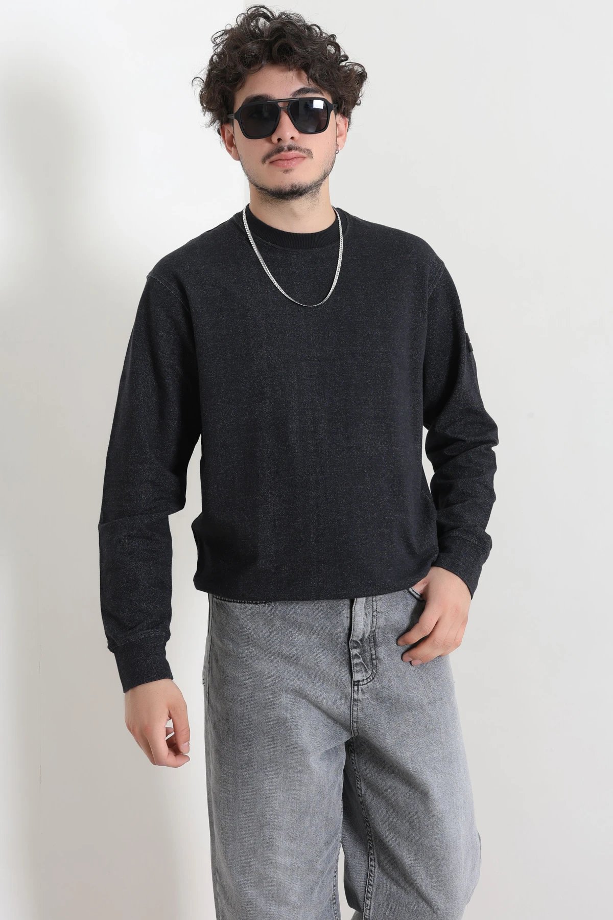 Bisiklet Yaka Uzun Kol Erkek Sweatshirt Siyah