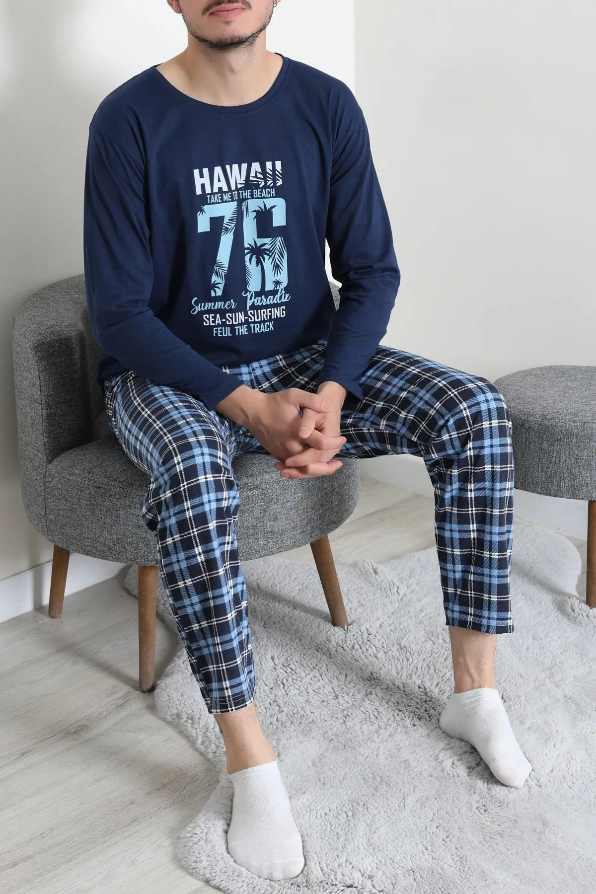 Baskılı Erkek Pijama Takımı İndigo