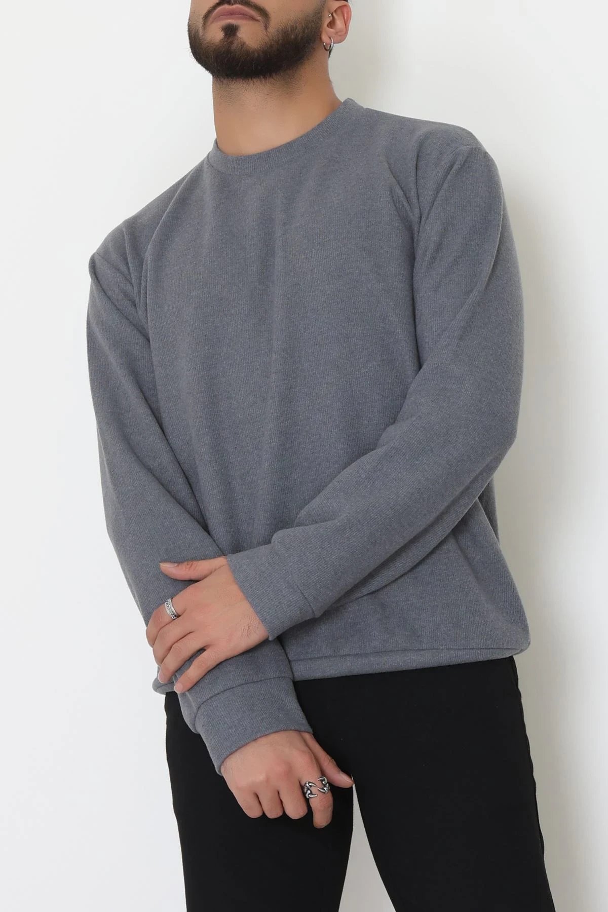 Bisiklet Yaka Selanik Kumaş Erkek Sweat Füme