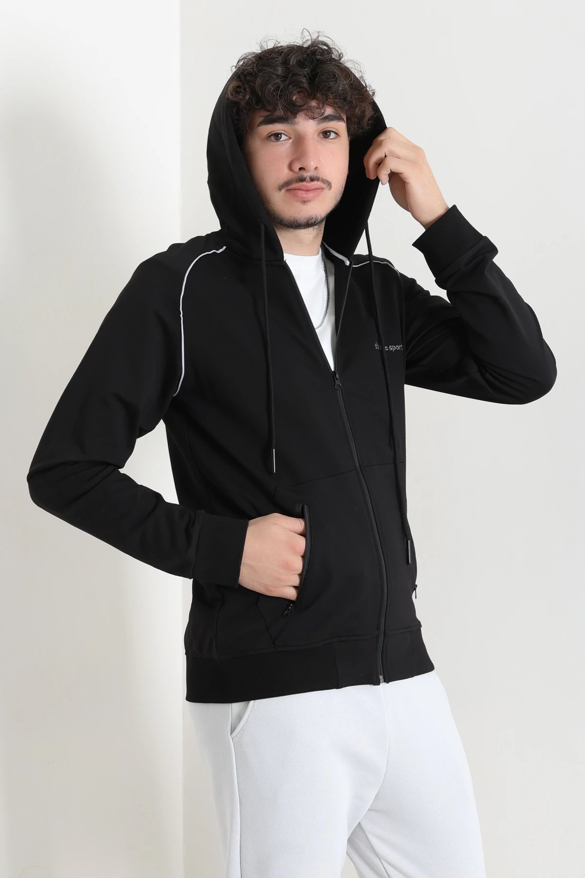 2 İplik Kompakt Kapüşonlu Kanguru Cepli Erkek Swearshirt Siyah