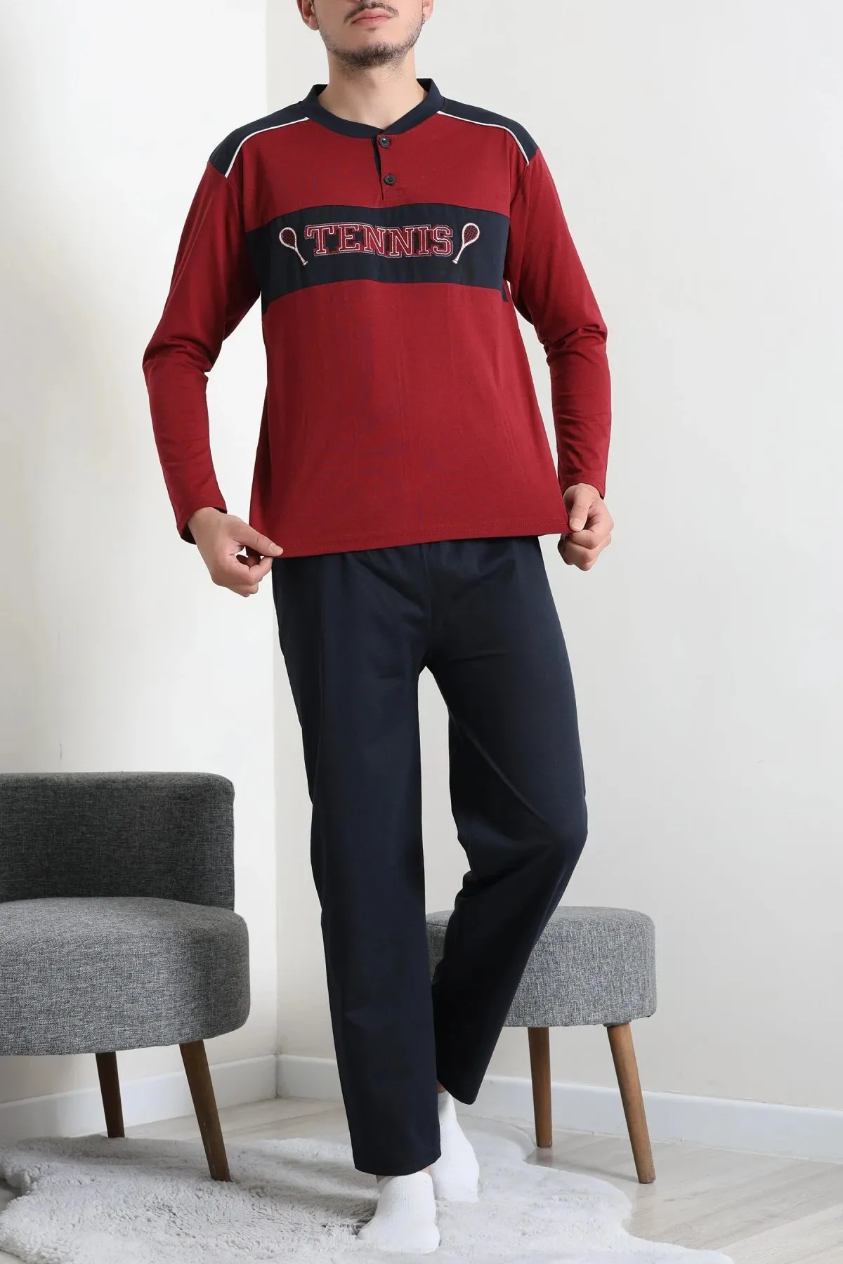 Süprem Patlı Garnili Erkek Pijama Takımı Bordo