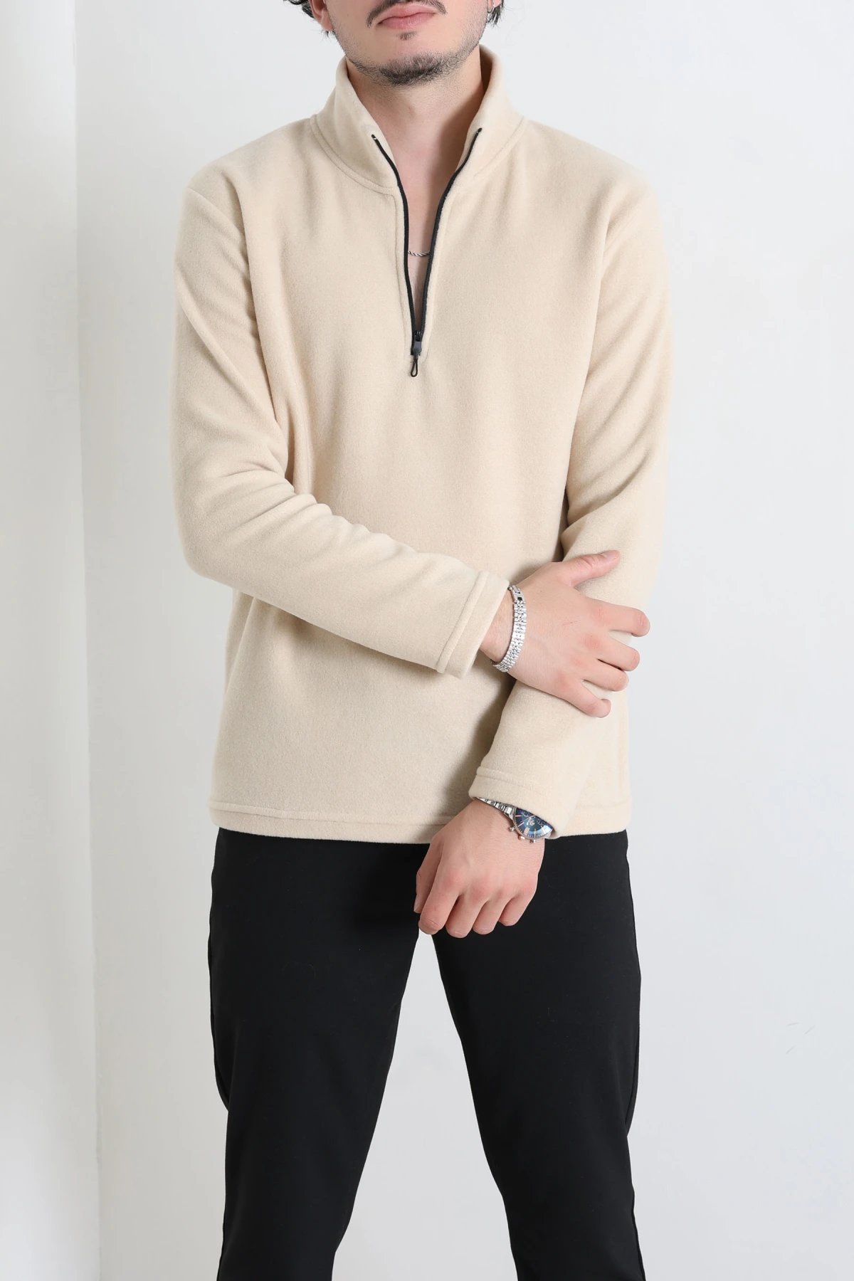 Yarım Fermuarlı Polar Erkek Sweat Bej