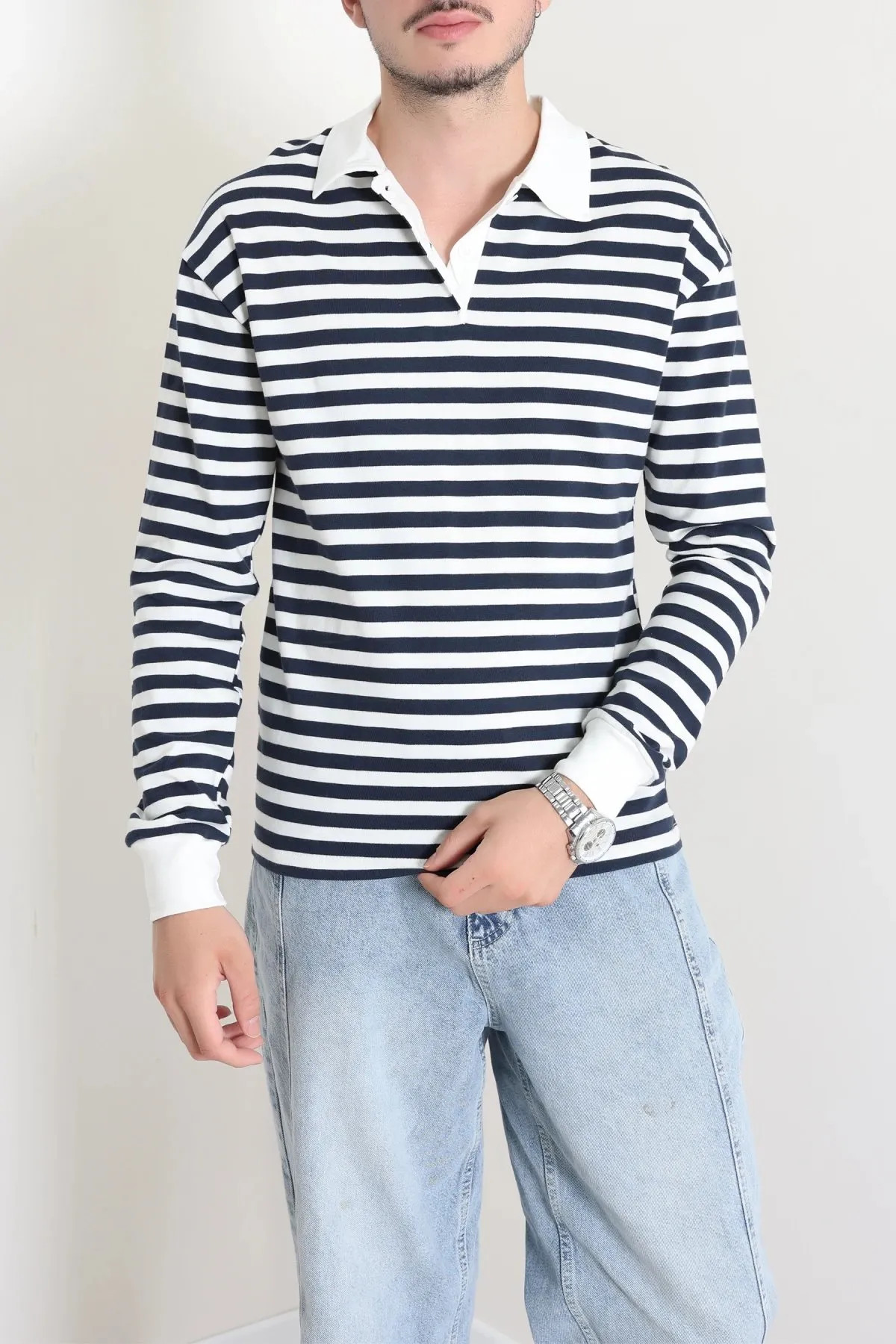 Polo Yaka Çizgili İnterlok Erkek Sweat Lacivertsarı
