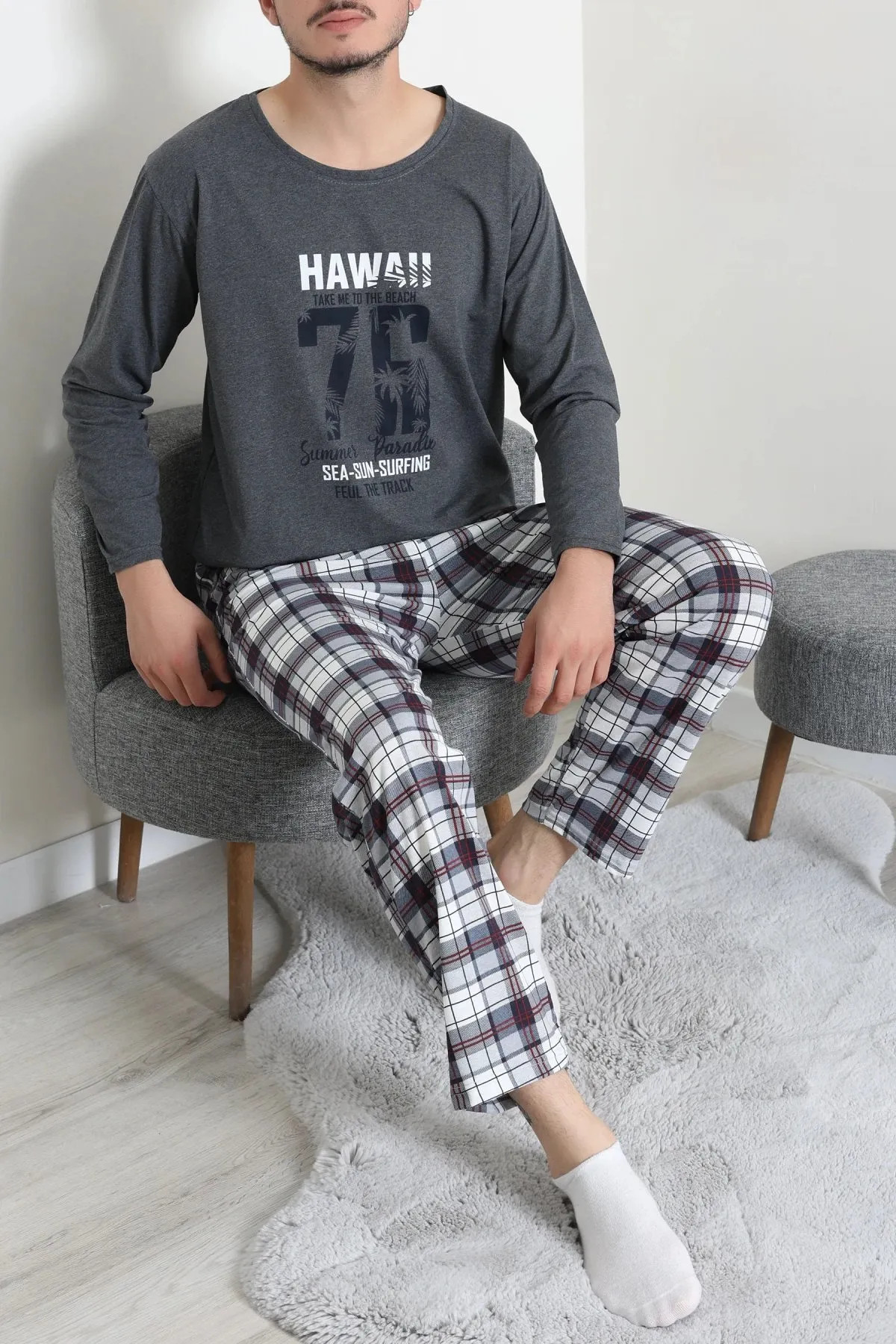 Baskılı Erkek Pijama Takımı Füme