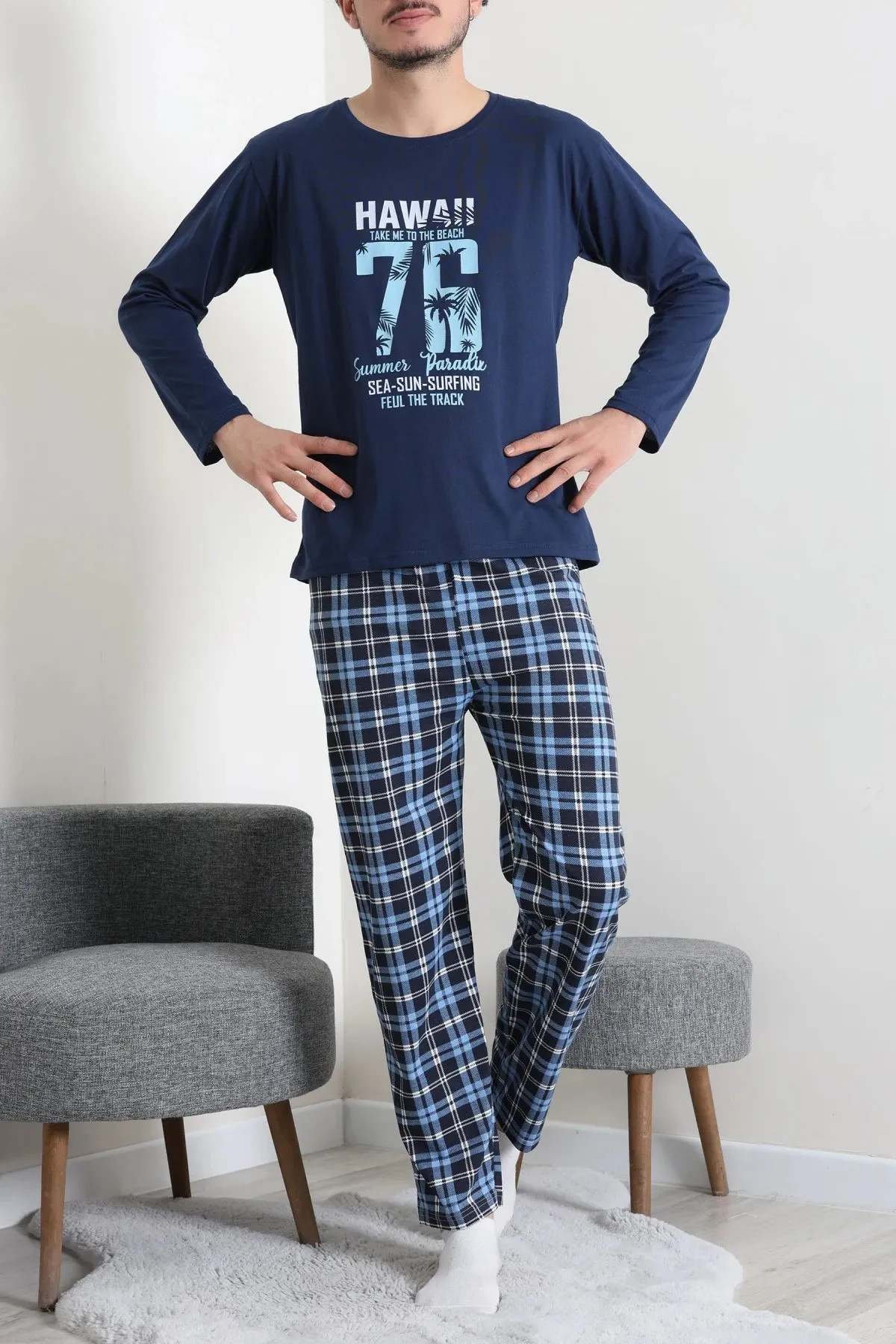 Baskılı Erkek Pijama Takımı İndigo