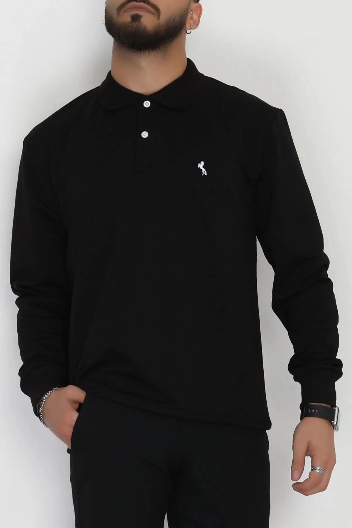 2 İplik Likralı Polo Yaka Erkek Sweat Siyah