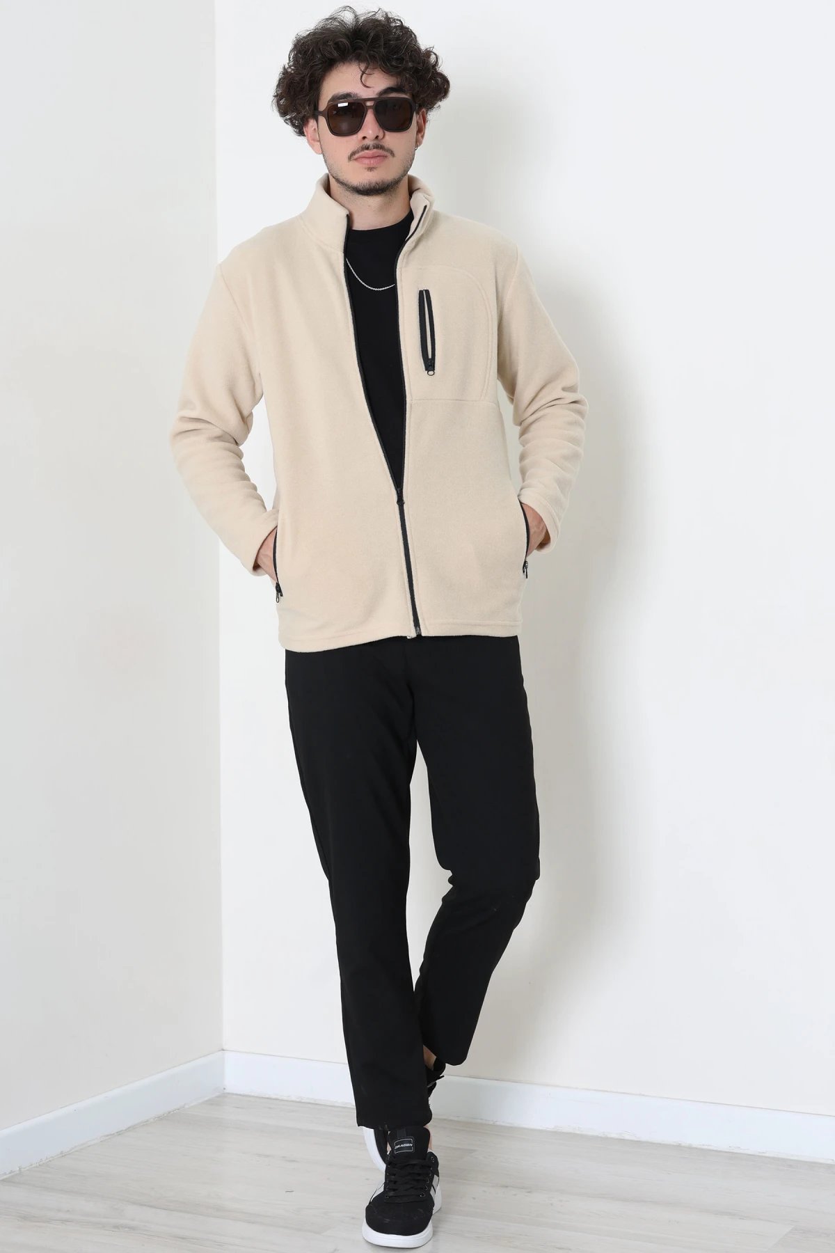 Polar Tam Fermuarlı 3 Cepli Erkek Outdoor Sweat Bej
