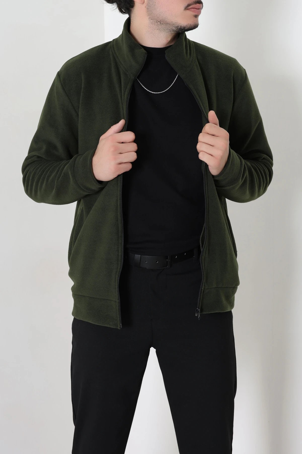 Polar Fleto Cepli Fermuarlı Erkek Sweat Haki