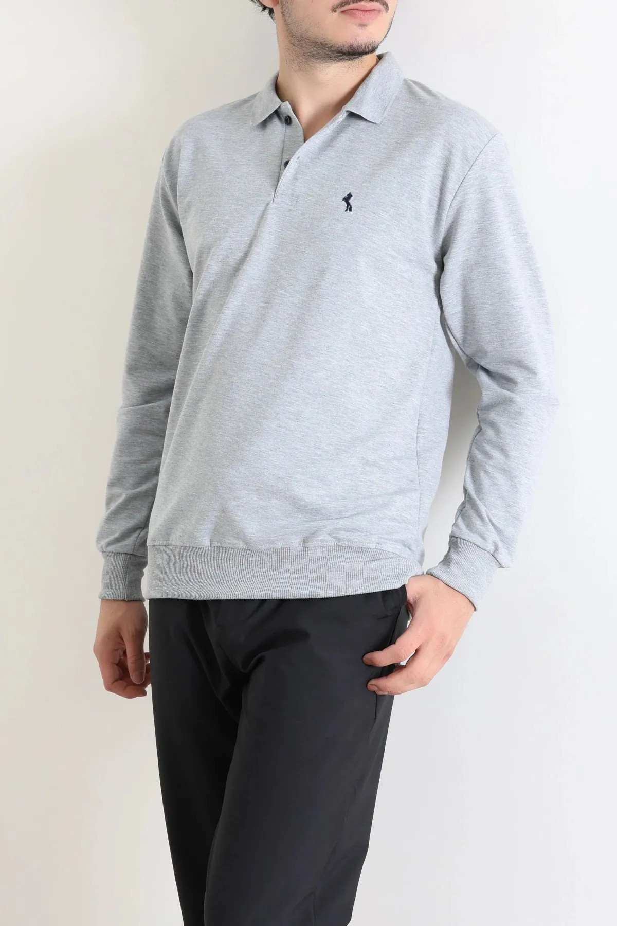 2 İplik Likralı Polo Yaka Erkek Sweat Gri