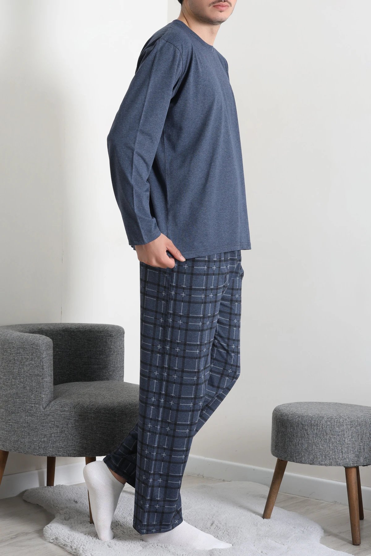 Süprem Ekose Bisiklet Yak Uzun Kol Cepli Erkek Pijama Takımı Koyumavi