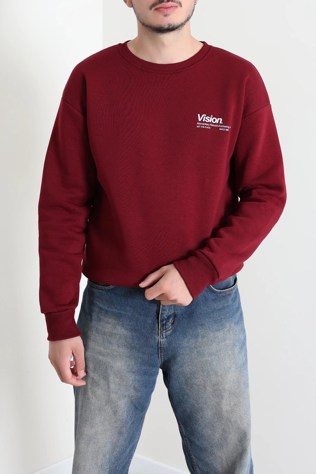 Bisiklet Yaka Baskılı Şardonlu 3 İplik Erkek Sweat Bordo