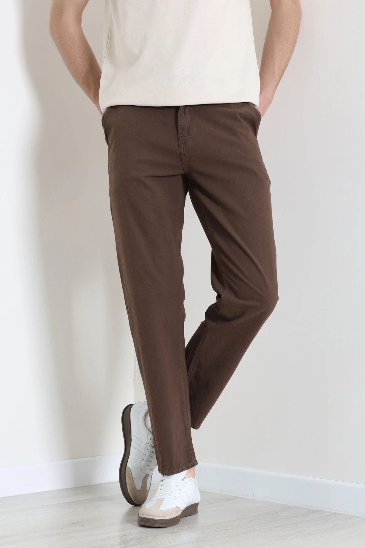 Regular Fit Keten Erkek Pantolon Kahve