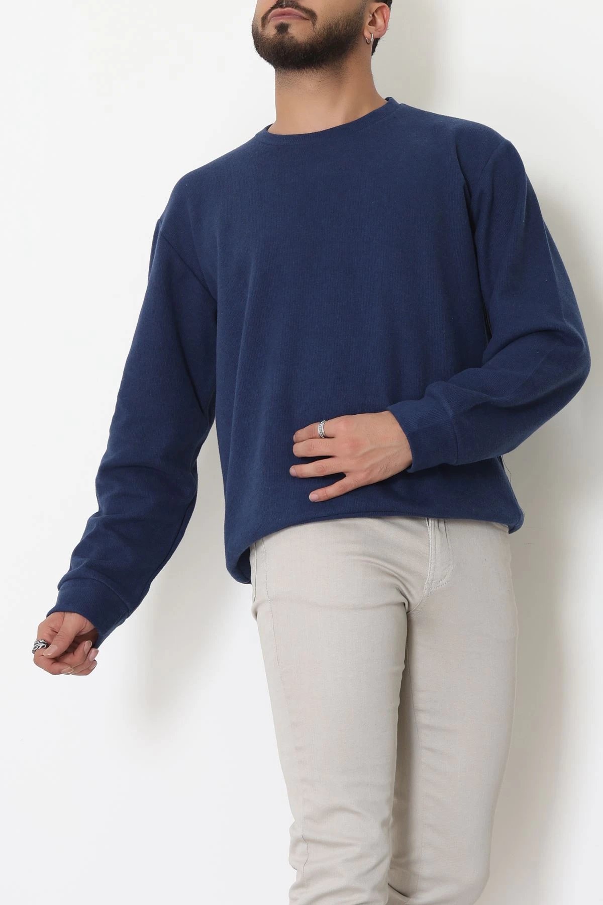 Bisiklet Yaka Selanik Kumaş Erkek Sweat Lacivert