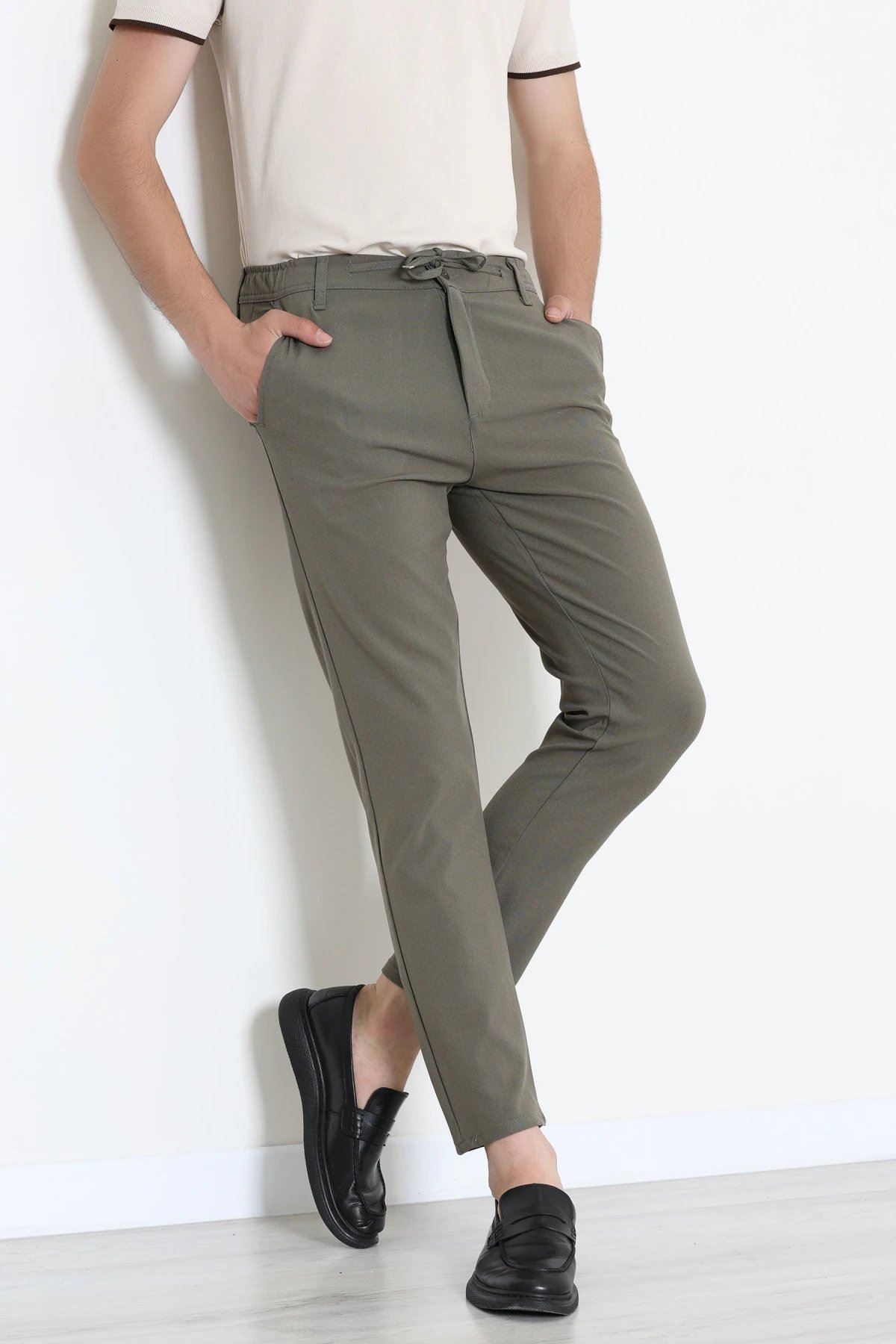 Dokuma Beli Lastikli Erkek Jogger Pantolon Koyuhaki