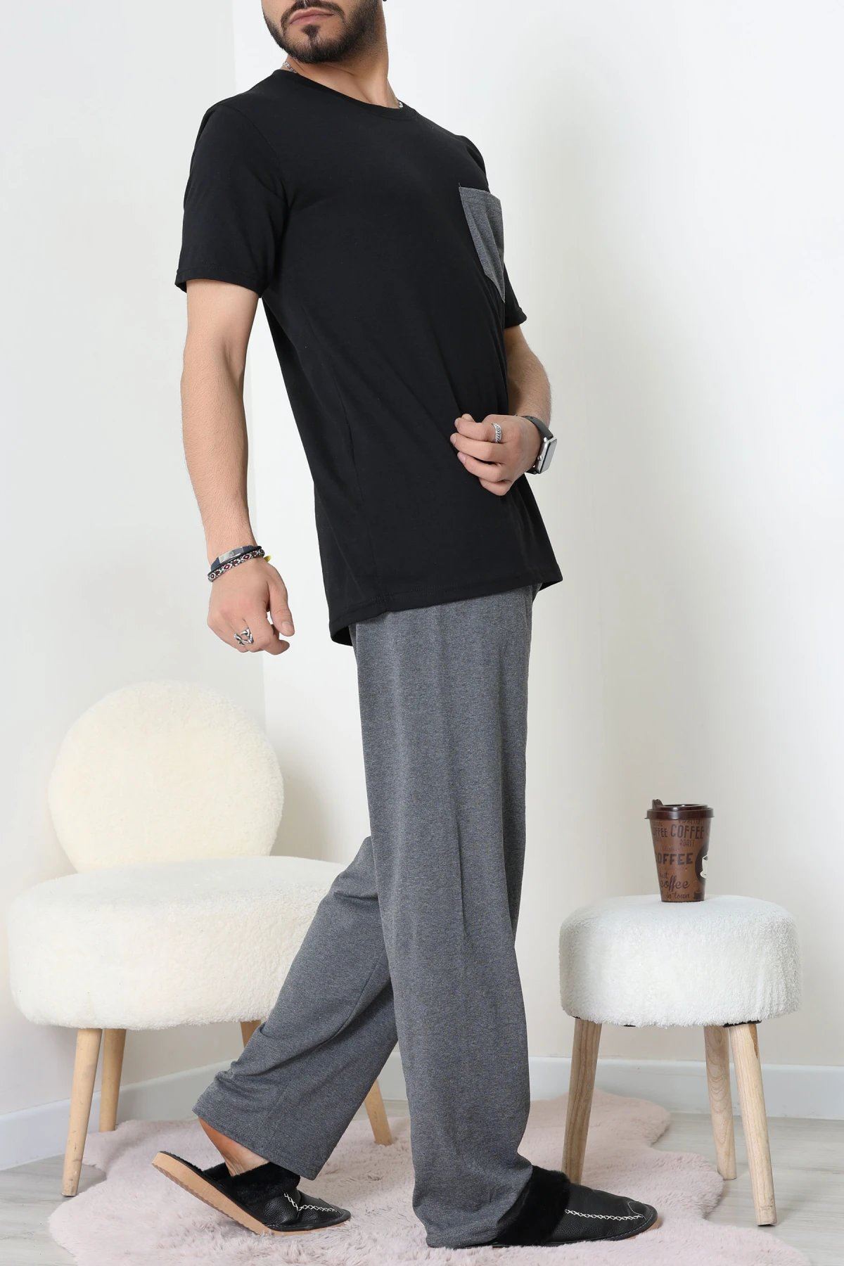 Kısa Kollu Erkek Pijama Takımı Siyah