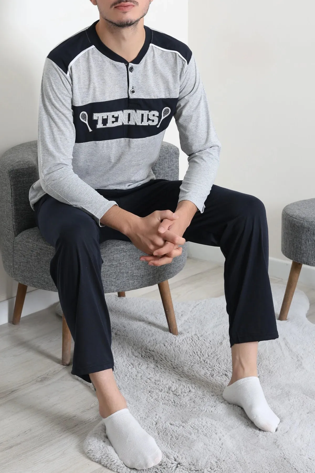 Süprem Patlı Garnili Erkek Pijama Takımı Gri