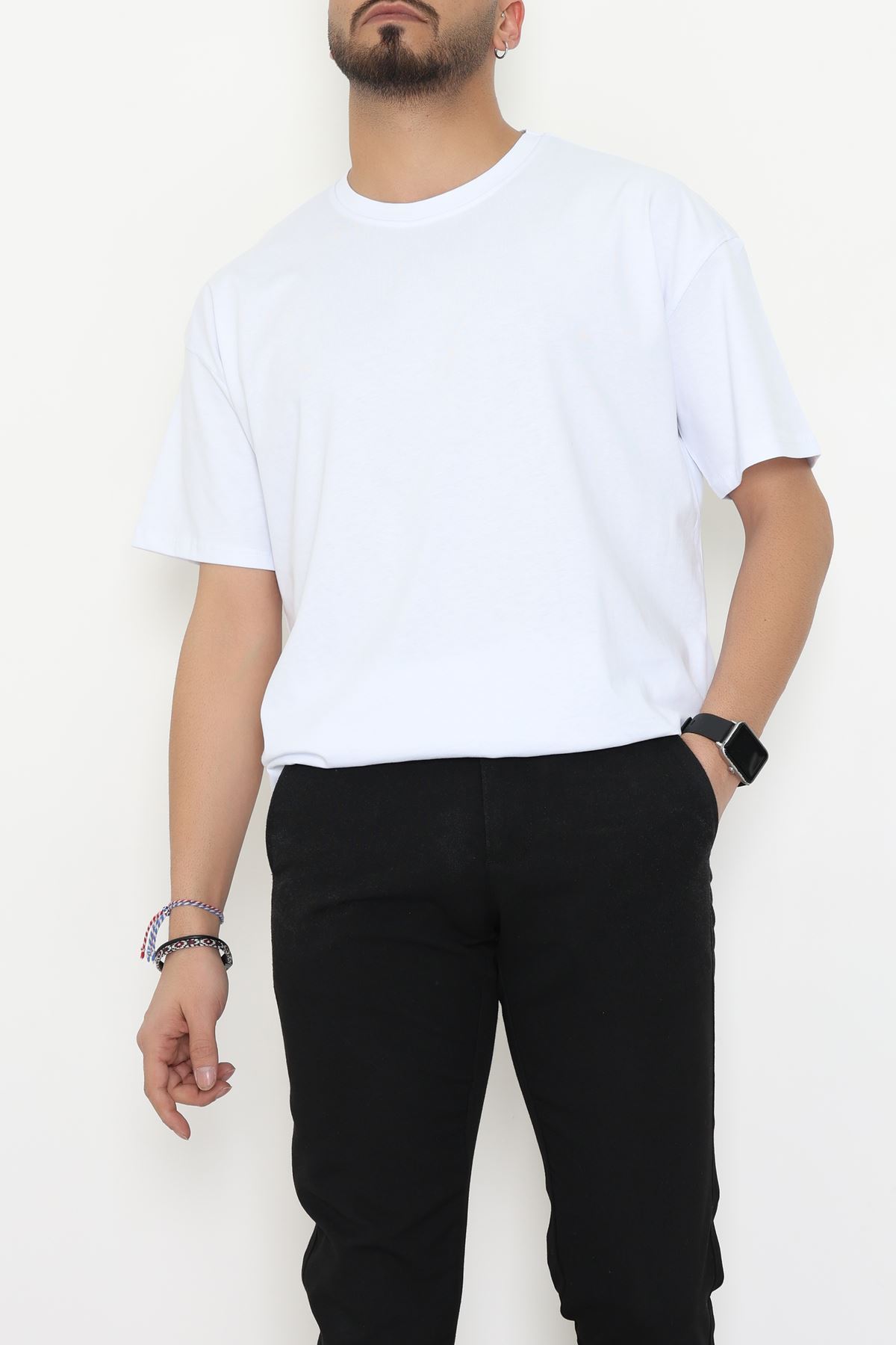 Kompak Penye Unisex Baskısız Oversize Tişört Beyaz