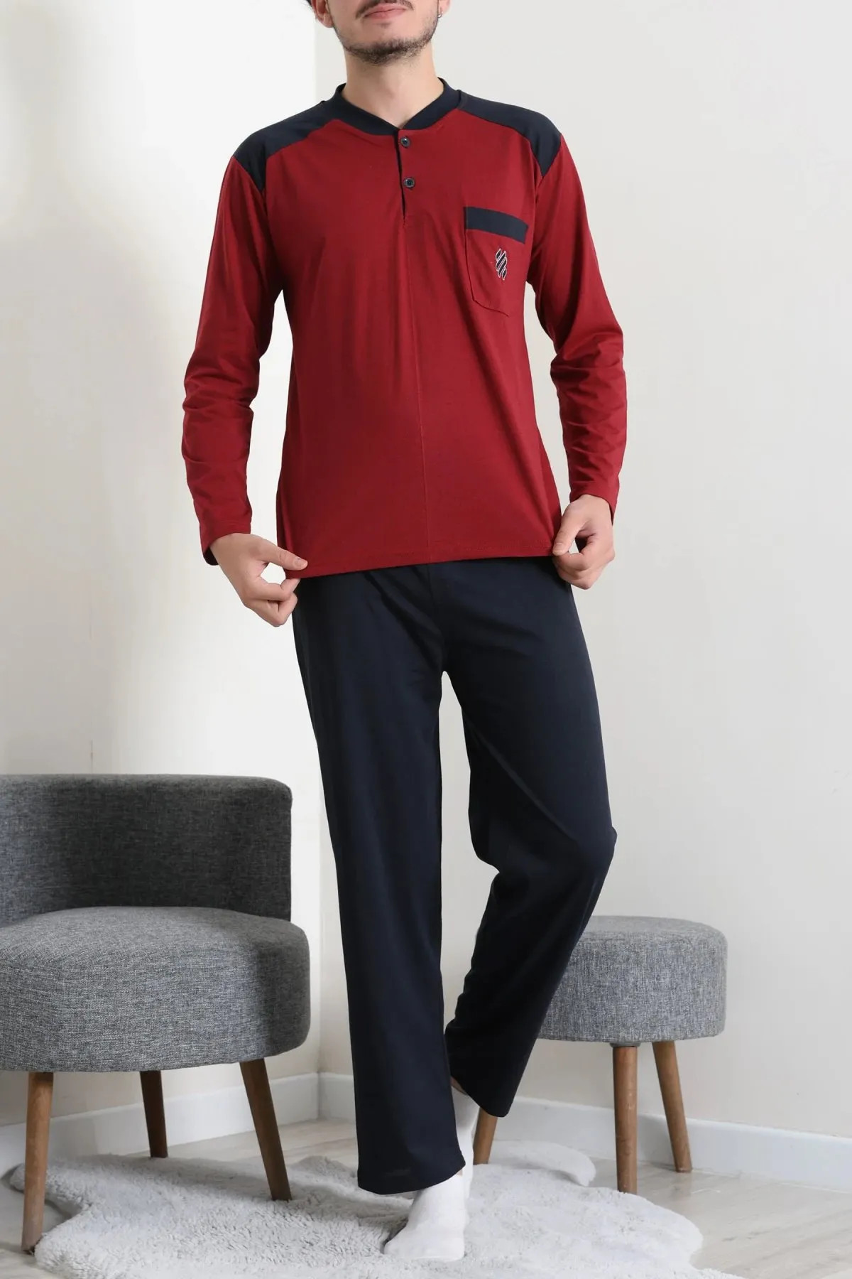 Süprem Nakışlı Erkek Pijama Takımı Bordo Model TV-96898
