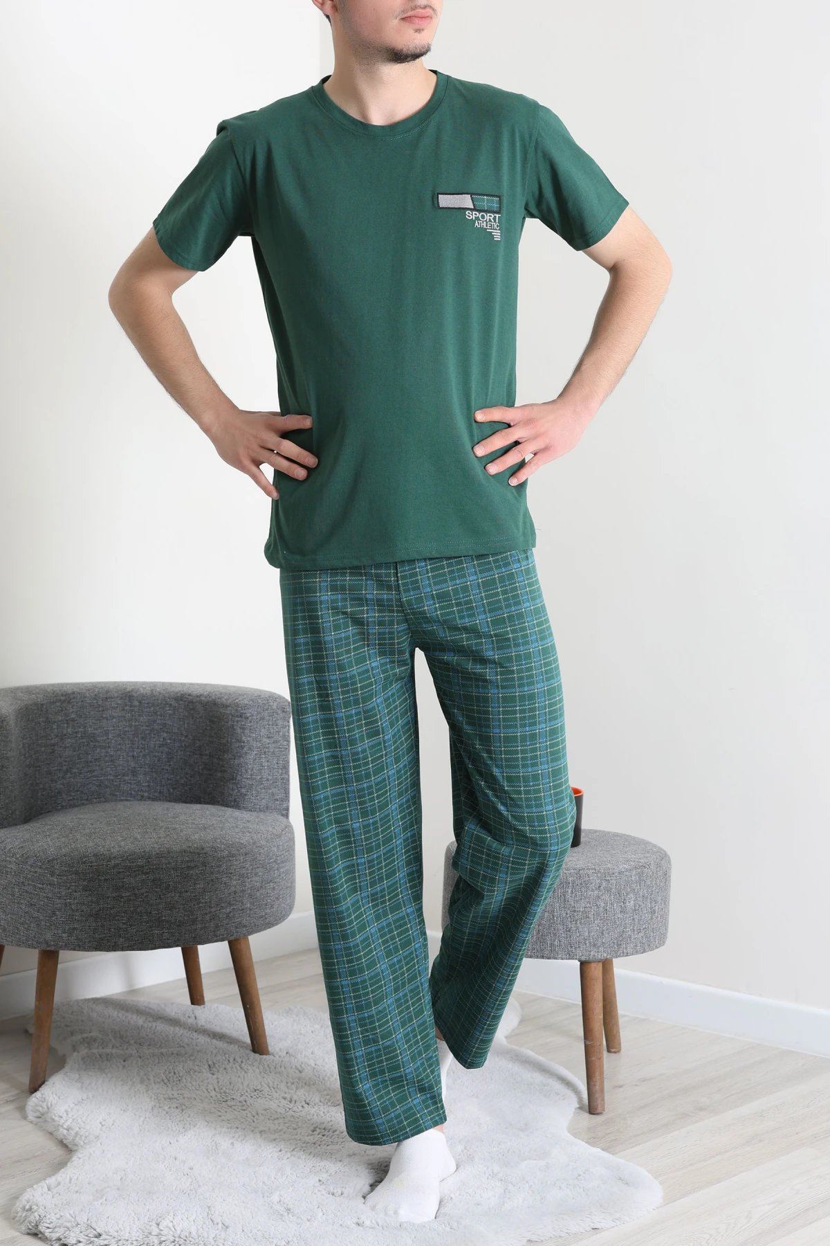 Kısa Kollu Erkek Pijama Takımı Koyuyeşil