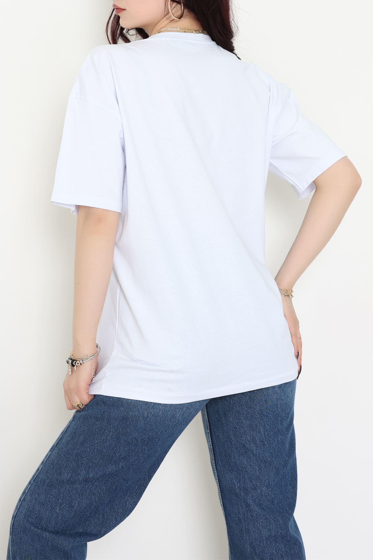 Kompak Penye Unisex Baskısız Oversize Tişört Beyaz