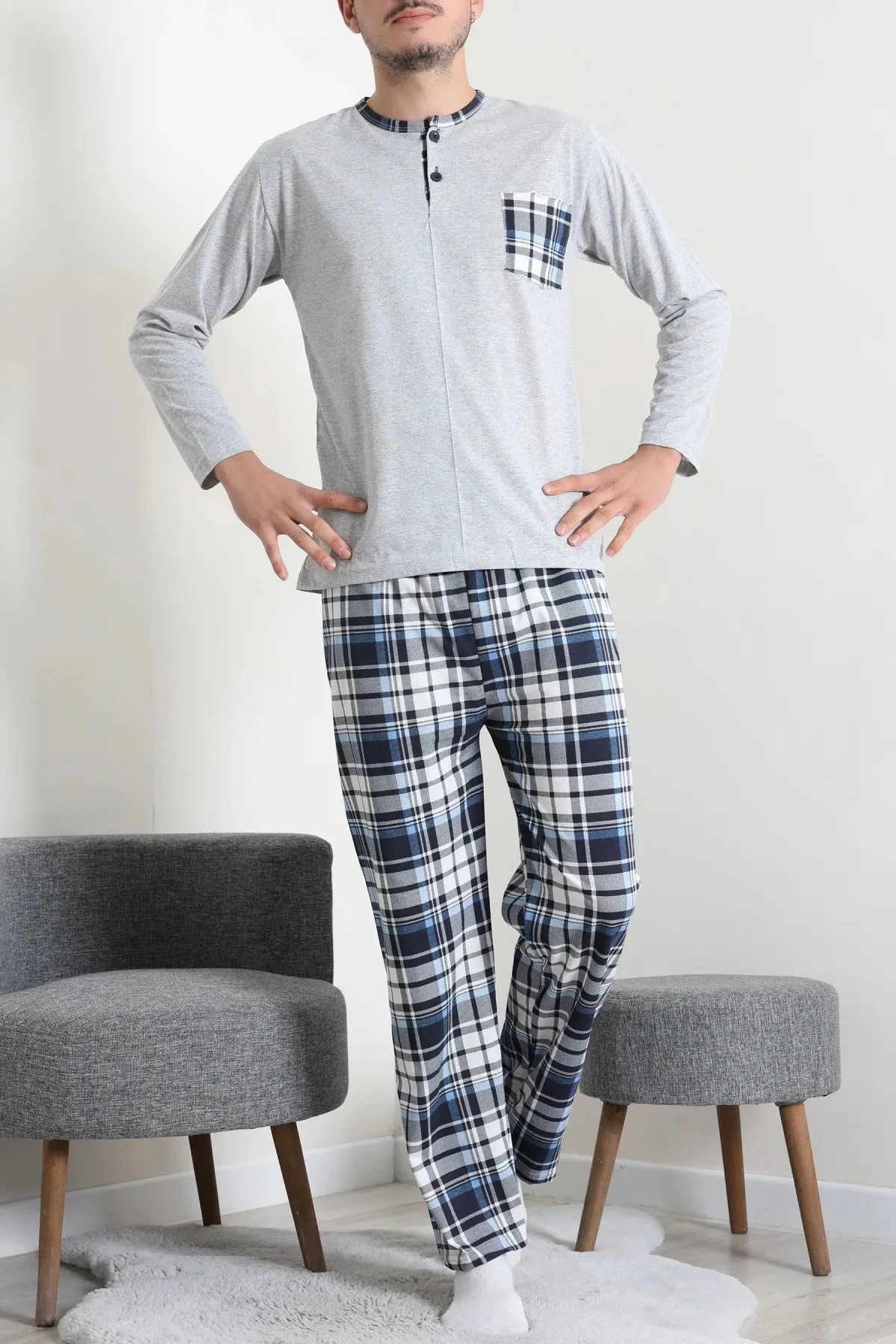 Süprem Patlı Ekose Pijama Takımı Gri