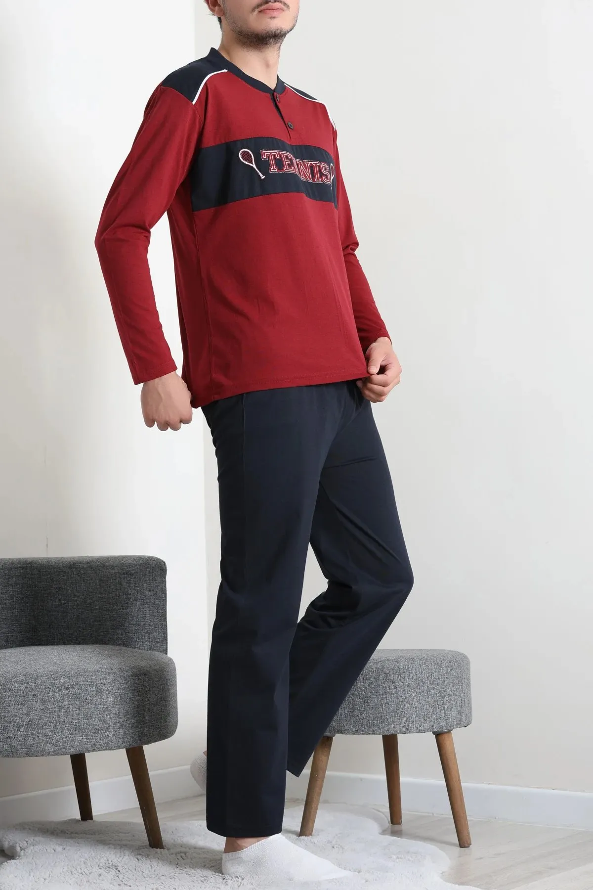 Süprem Patlı Garnili Erkek Pijama Takımı Bordo