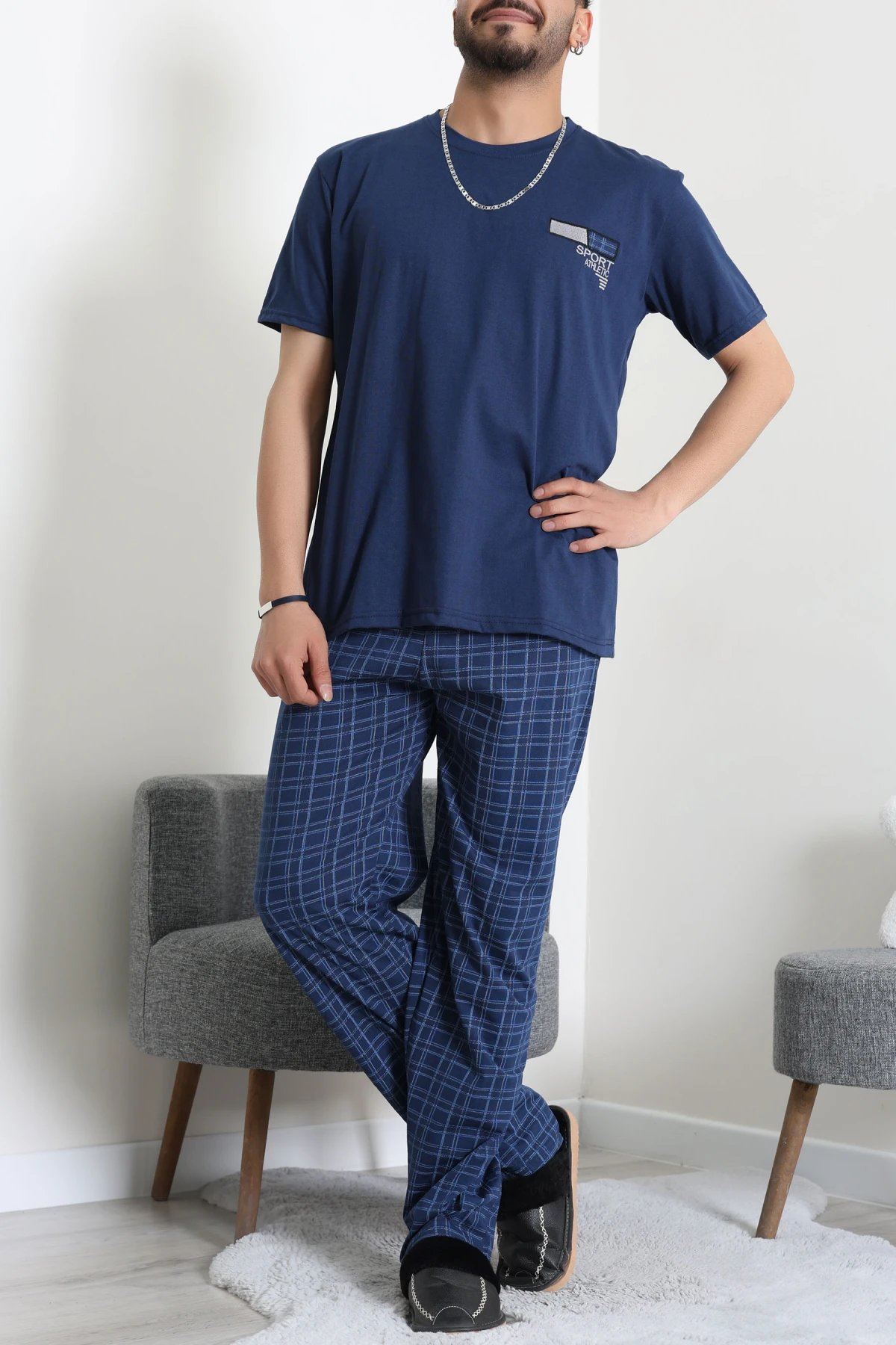 Süprem Ekose Erkek Pijama Takımı Lacivert