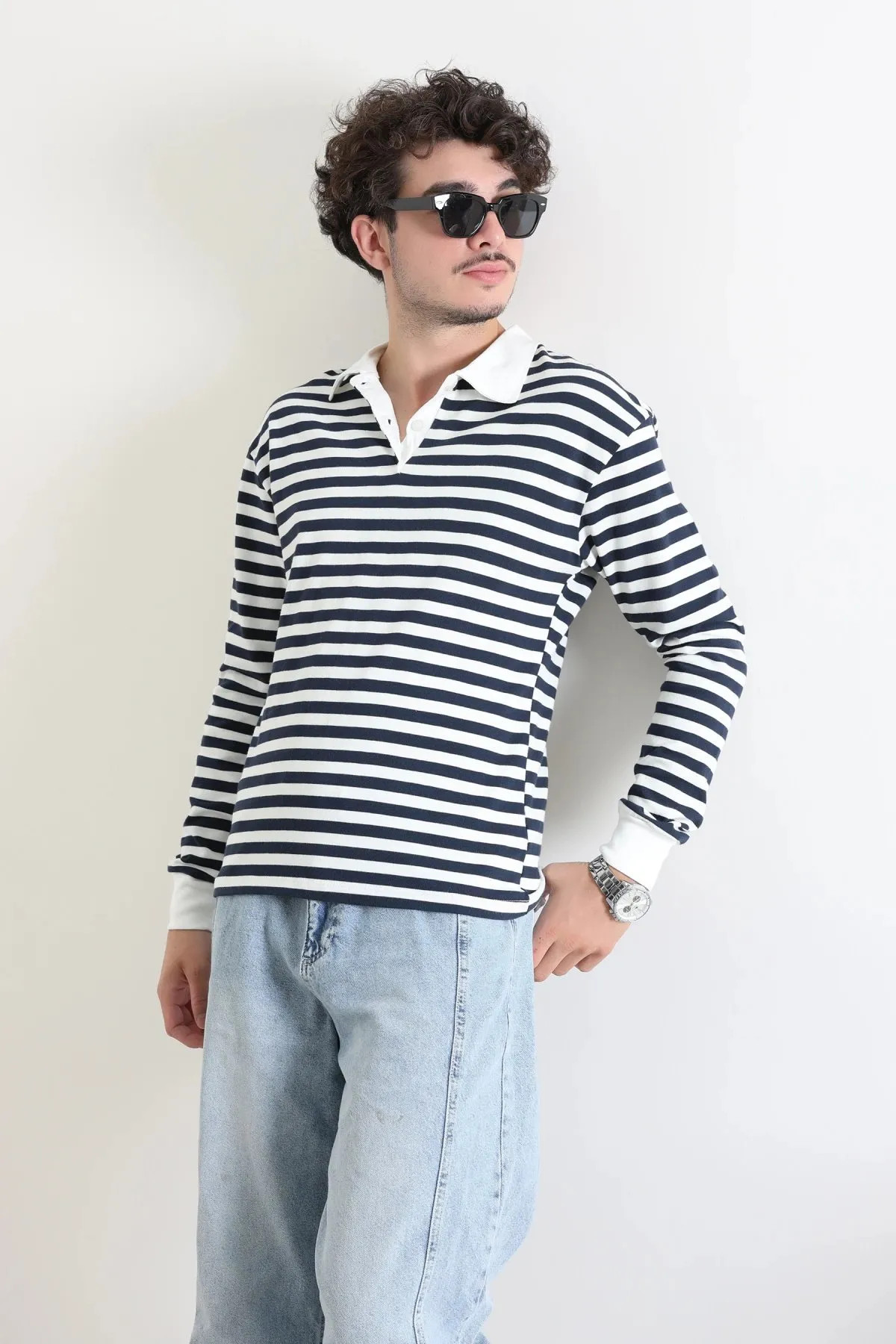 Polo Yaka Çizgili İnterlok Erkek Sweat Lacivertsarı