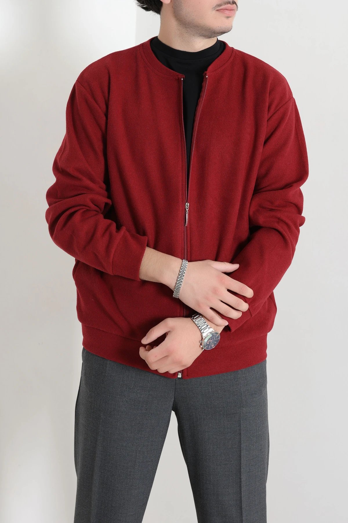 Fermuarlı Selanik Kumaş Erkek Sweat Bordo