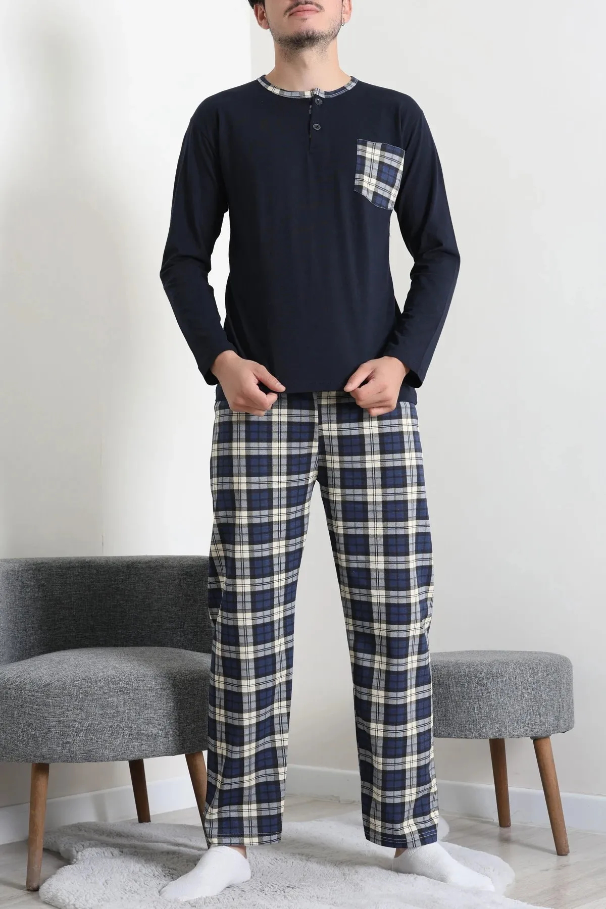 Süprem Patlı Ekose Pijama Takımı Lacivert
