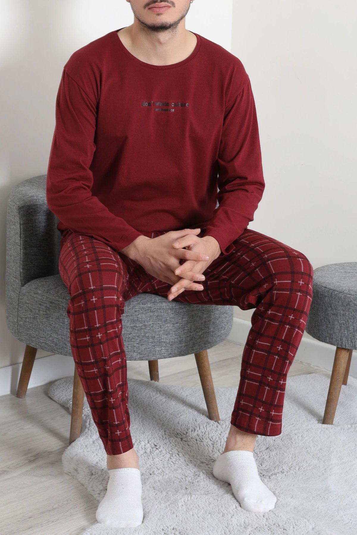 Süprem Ekoseli Baskılı Erkek Pijama Takımı Bordo