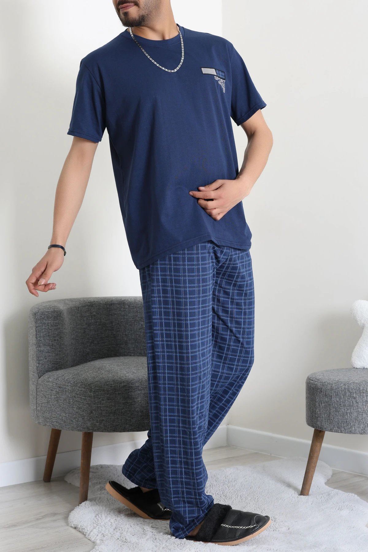 Süprem Ekose Erkek Pijama Takımı Lacivert