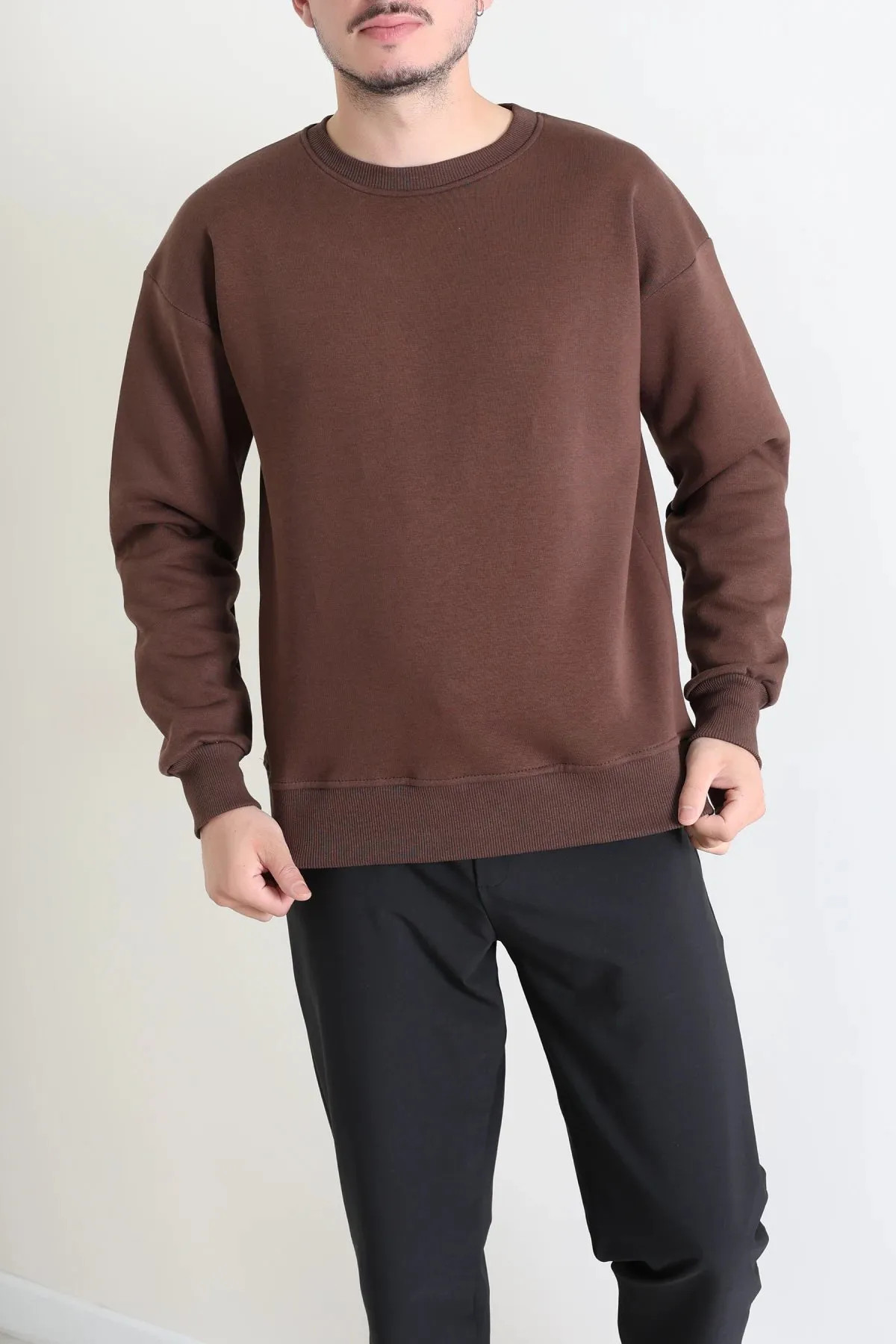 Bisiklet Yaka Şardonlu 3 İplik Erkek Sweat Açık Kahve
