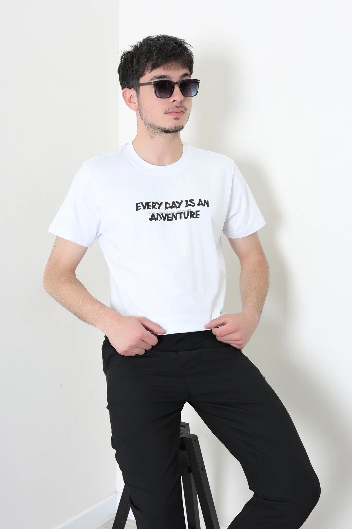 Ön Arka Baskılı Erkek Tişört Beyaz