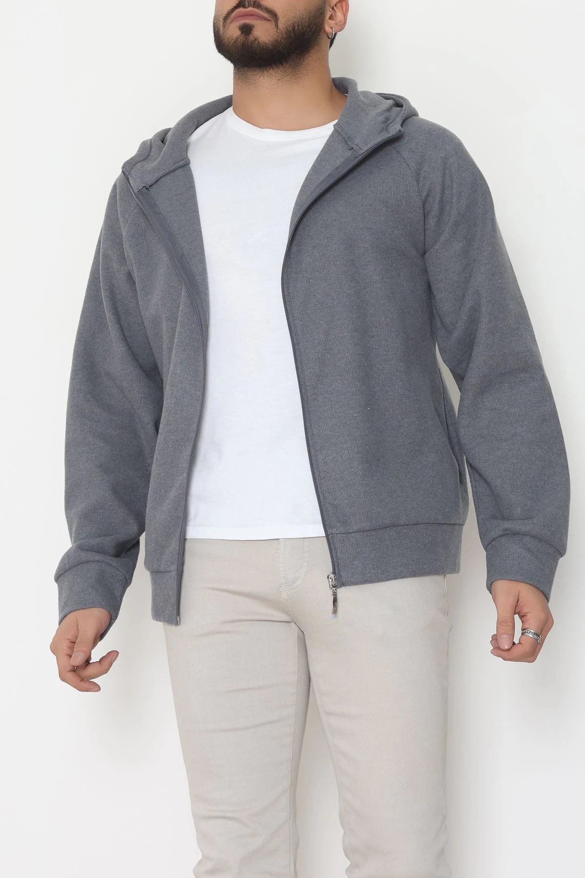 Selanik Kumaş Kapşonlu Erkek Sweat Füme