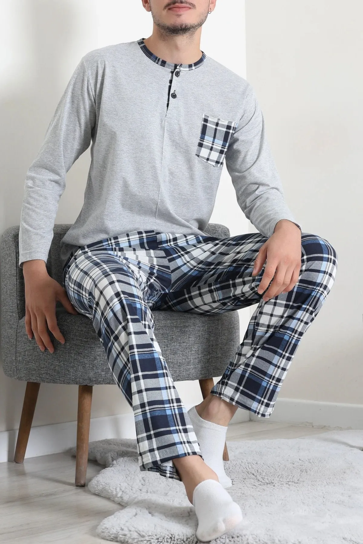 Süprem Patlı Ekose Pijama Takımı Gri
