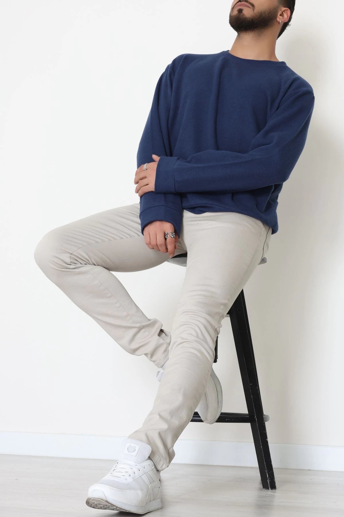 Bisiklet Yaka Selanik Kumaş Erkek Sweat Lacivert