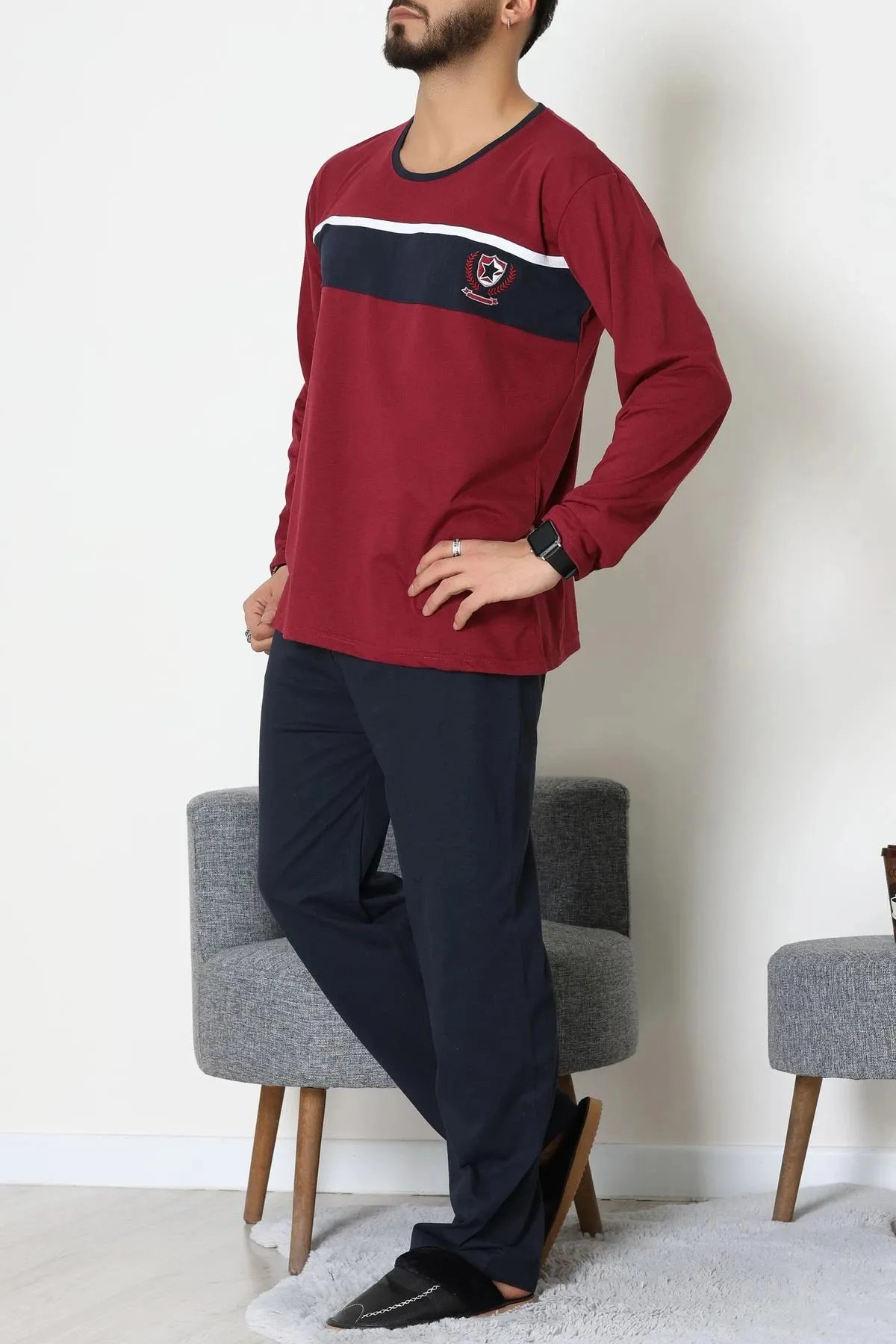 Süprem Baskılı Erkek Pijama Takımı Bordo